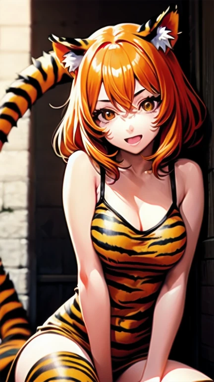 Girl, short orange hair, yellow eyes, tiger ears, tiger tail, almost naked, big breasts, exposed belly.