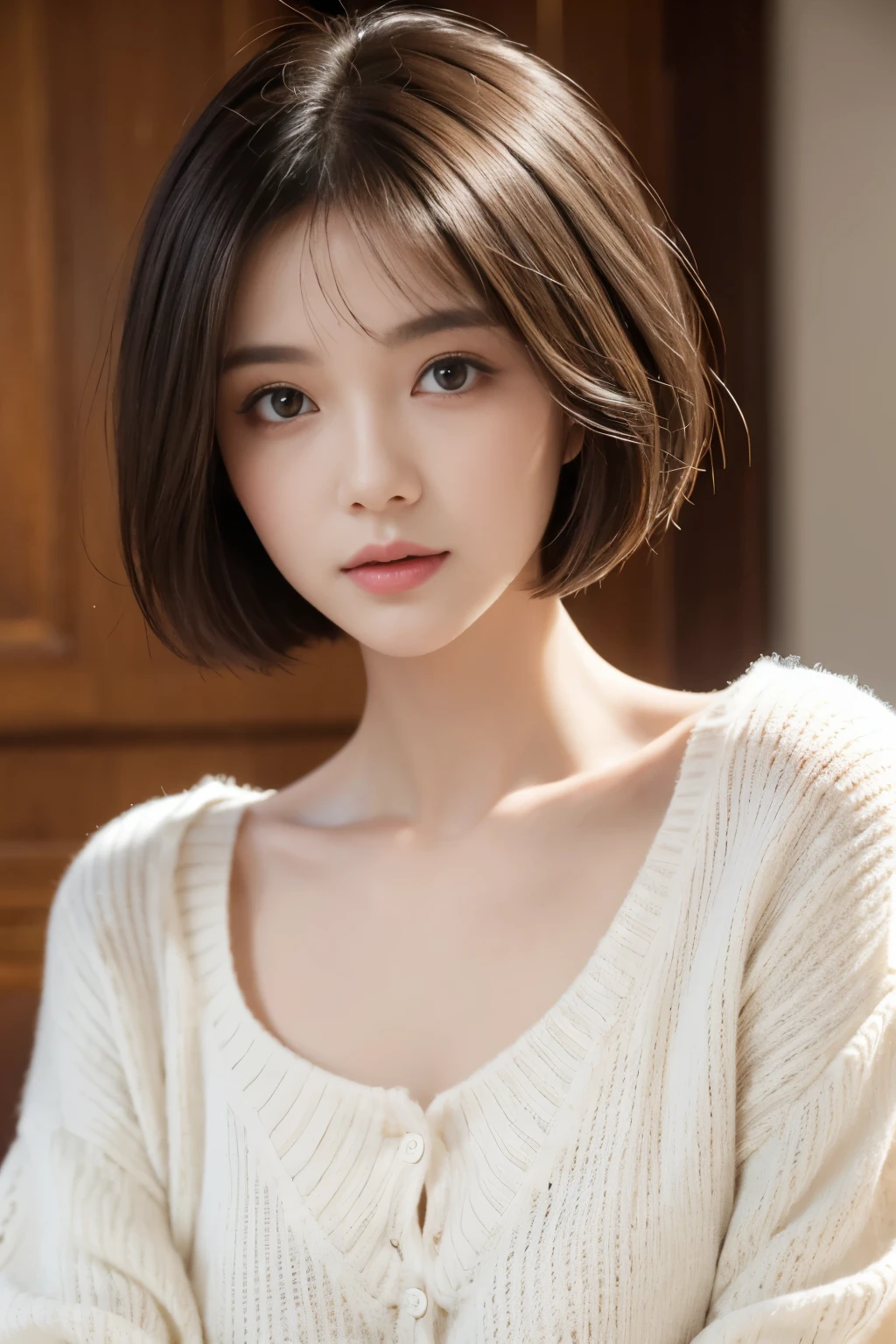 Summer short hair with white sweater, summer mating, short detailed hair, Qi bangs short hair, Cute face girl, Cute beautiful face in portrait, French bob, with fair skin!!, short brown hair and large eyes, Soft portrait shooting 8 K, Beautiful bright big eyes, beautiful young girl, Young girl with bob hairstyle, Best Picture Quality, tmasterpiece, Notes of Leonardo da Vinci, Leonardo da Vinci&#39;s manuscript as background