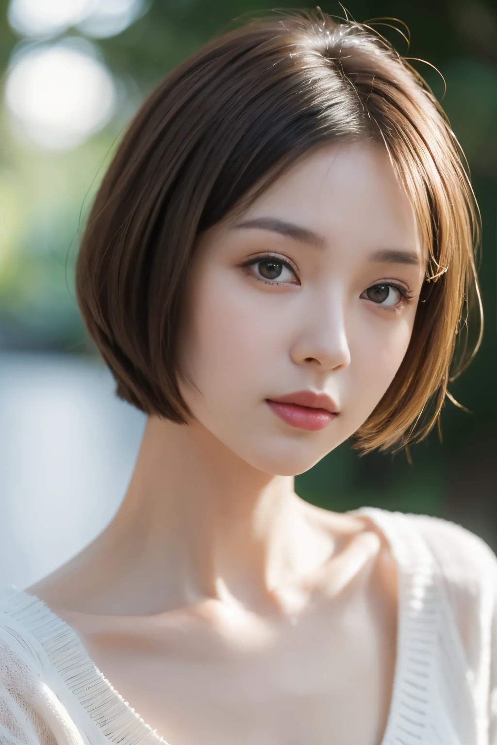 Summer short hair with white sweater, summer mating, short detailed hair, Qi bangs short hair, Cute face girl, Cute beautiful face in portrait, French bob, with fair skin!!, short brown hair and large eyes, Soft portrait shooting 8 K, Beautiful bright big eyes, beautiful young girl, Young girl with bob hairstyle, Best Picture Quality, tmasterpiece, Notes of Leonardo da Vinci, Leonardo da Vinci's manuscript as background