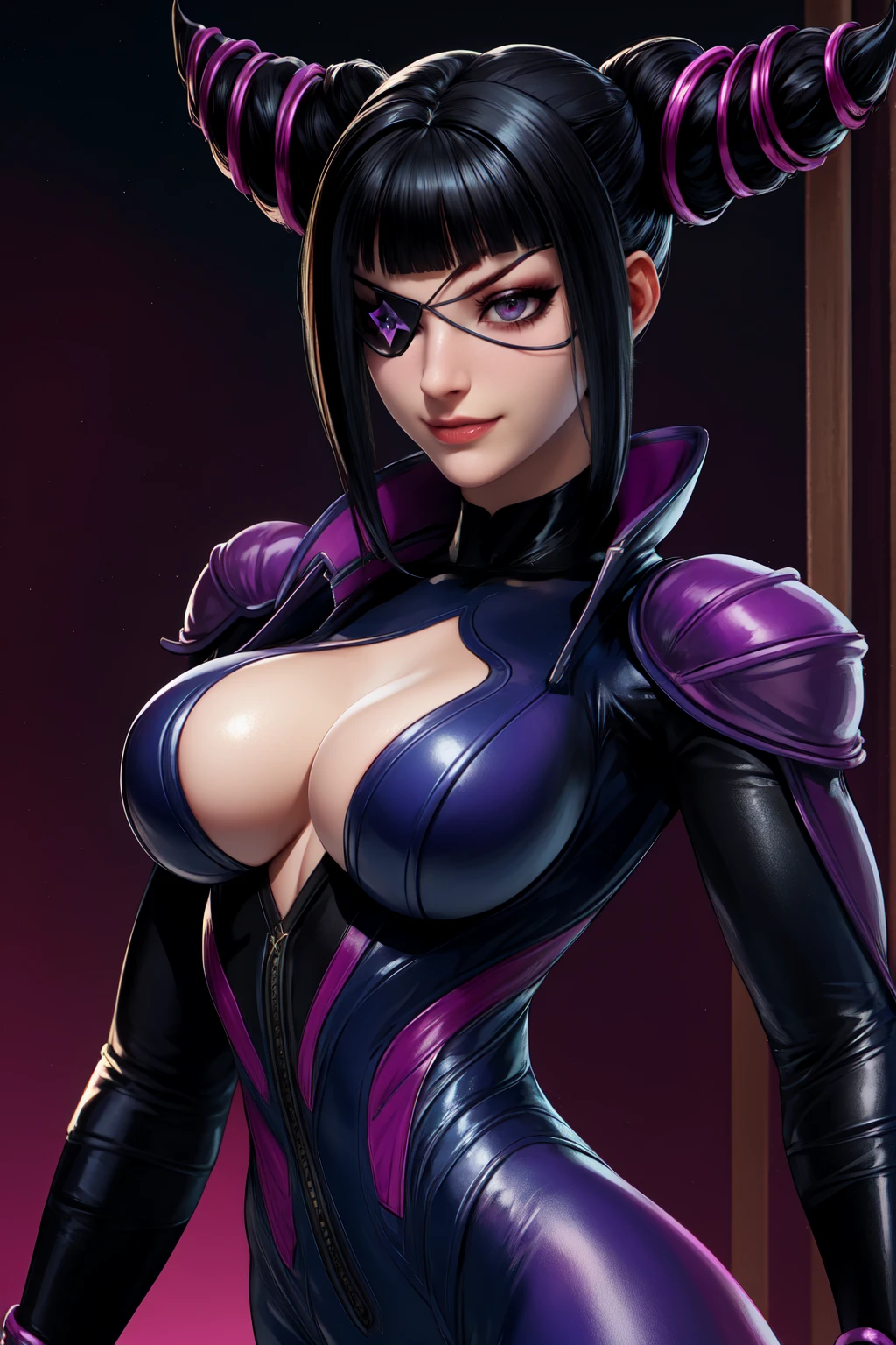 Juri , black hair,two-tone hair, hair horns, purple eyes, eyepatch,  
bodysuit, clothing cutout, 
standing, upper body, evil smile, 
night club,
(insanely detailed, beautiful detailed face,beautiful detailed eyes, masterpiece, best quality) , solo, dinamic poses, shinning eyes, walking, laying, sitiing, dinamic poses