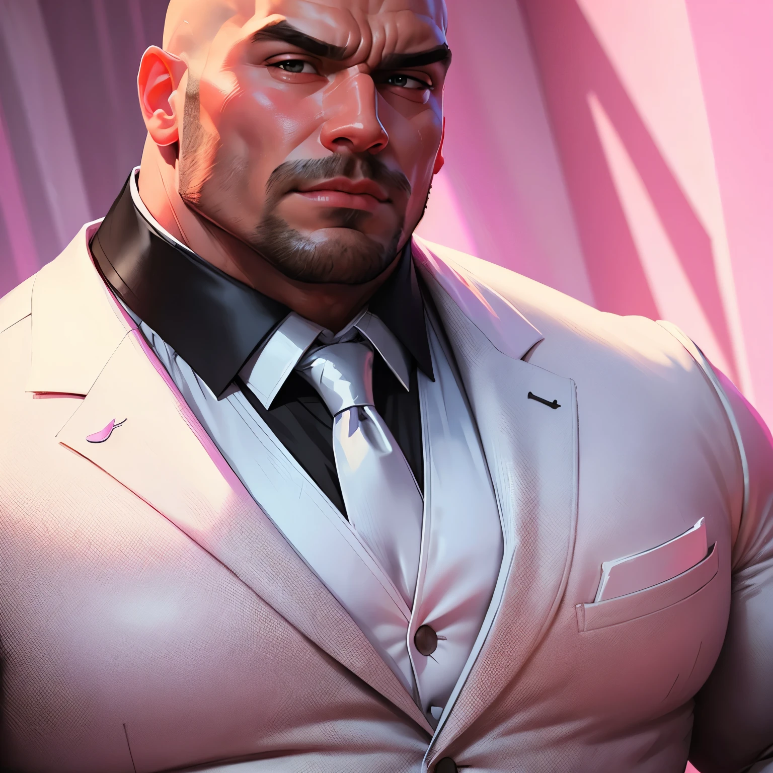an exaggeratedly muscular and large bald bodyguard, dressed in a white formal suit, unbuttoned, (exposed pecs: 1.1), (bara pecs: 1.3), (hairy pecs: 1.1), portrait HD, pink background light