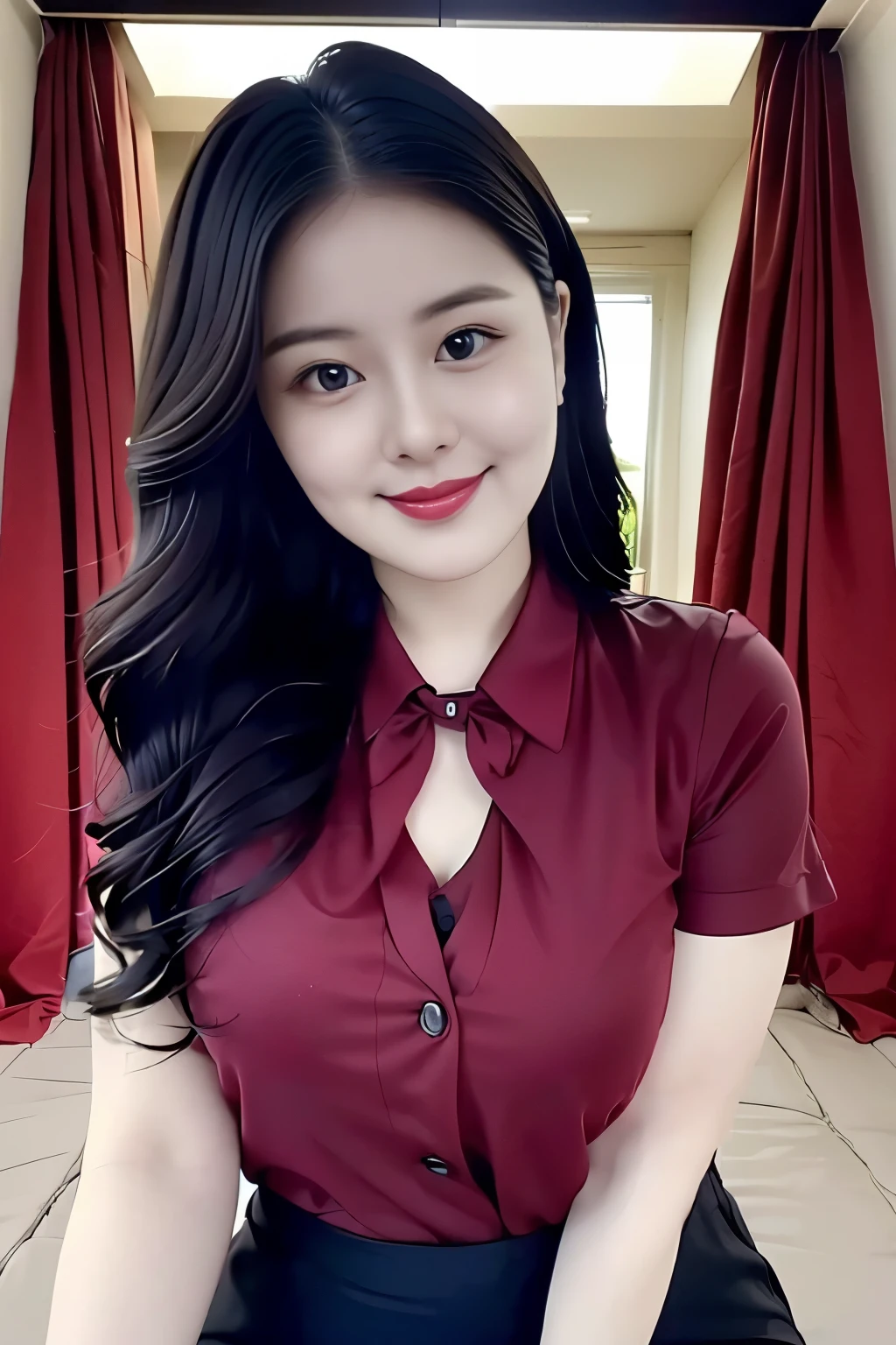 (top quality、8k、masterpiece:1.3))、30-year-old Korean woman,sharp focus, High level of image quality, high resolution,facial focus,Portrait ID photo,Upper body photo。Draw lips correctly, red lipstick,Wear a green shirt,red bow tie,green military uniform。wavy long hair,wavy long hair,Mature,charming smile,Pink warm color background,solid color background