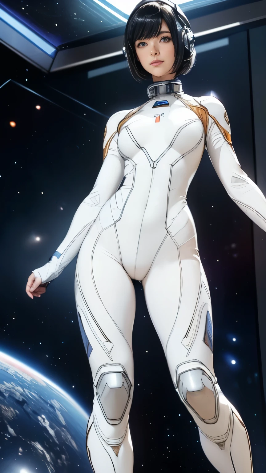 (masterpiece、highest quality、highest resolution、clear_image、Detailed details): (full body figure、15 year old girl、Japanese face、small face、thin、navy blue super short bob cut hair、blue colored eyes、((navy long sleeve space suit、space helmet))、headset、cosmic handbag、cute type、gentle smile、soft expression、headset、(((knee high boots)))、gloves up to the elbow、eye level shot、face directly、woman on a spaceship), (((camel toe))), ((Pure white leotard))