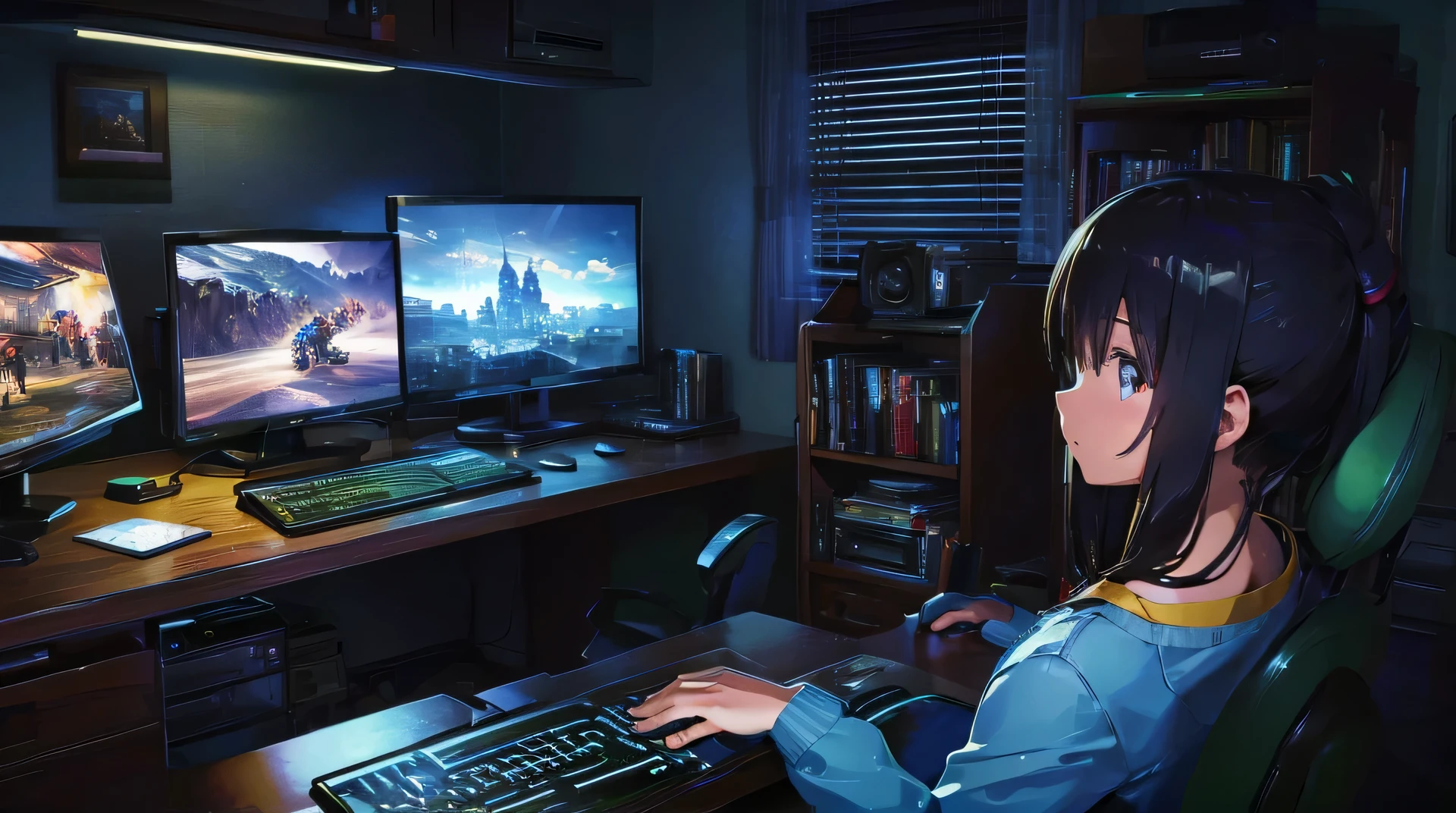 high resolution,High definition,high quality,Girl playing games,gaming computer,keyboard,mouse