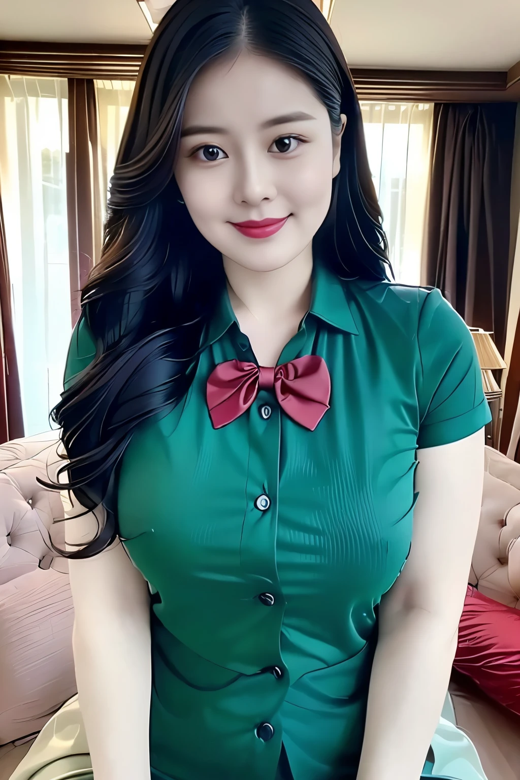 (top quality、8k、masterpiece:1.3))、30-year-old Korean woman，sharp focus, High level of image quality, high resolution，facial focus，Portrait ID photo，Upper body photo。Draw lips correctly, red lipstick，Wear a green shirt，red bow tie。wavy long hair，Mature，charming smile，Pink warm color background，solid color background