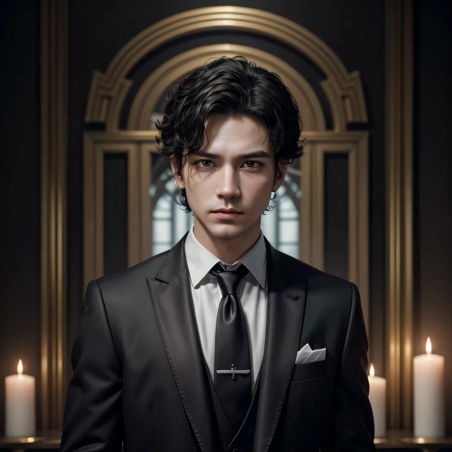 Masterpiece), best quality, highest quality, highly detailed CG unity 8k wallpaper, original, high resolution, (depth of field: 1.5), fidelity: 1.3, masculine, hot man portrait style, boy, altar background, black wedding suit, red wedding necktie, solo, earrings, curly black_hair,