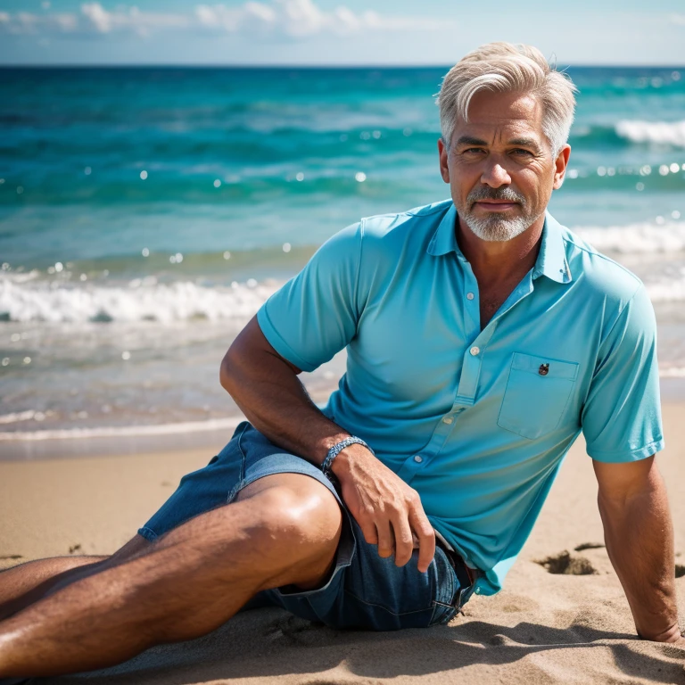IMAGINE a realistic male, age 54, american, middle aged, southern, blonde hair, medium build, semi-retired, athletic, wearing a hawaiian shirt, confident eyes, strong brow, masculine, strong, blue eyes, sitting on beach, beach shoreline background (Nikon Z8 + NIKKOR Z 24-120 mm f/4 S)
