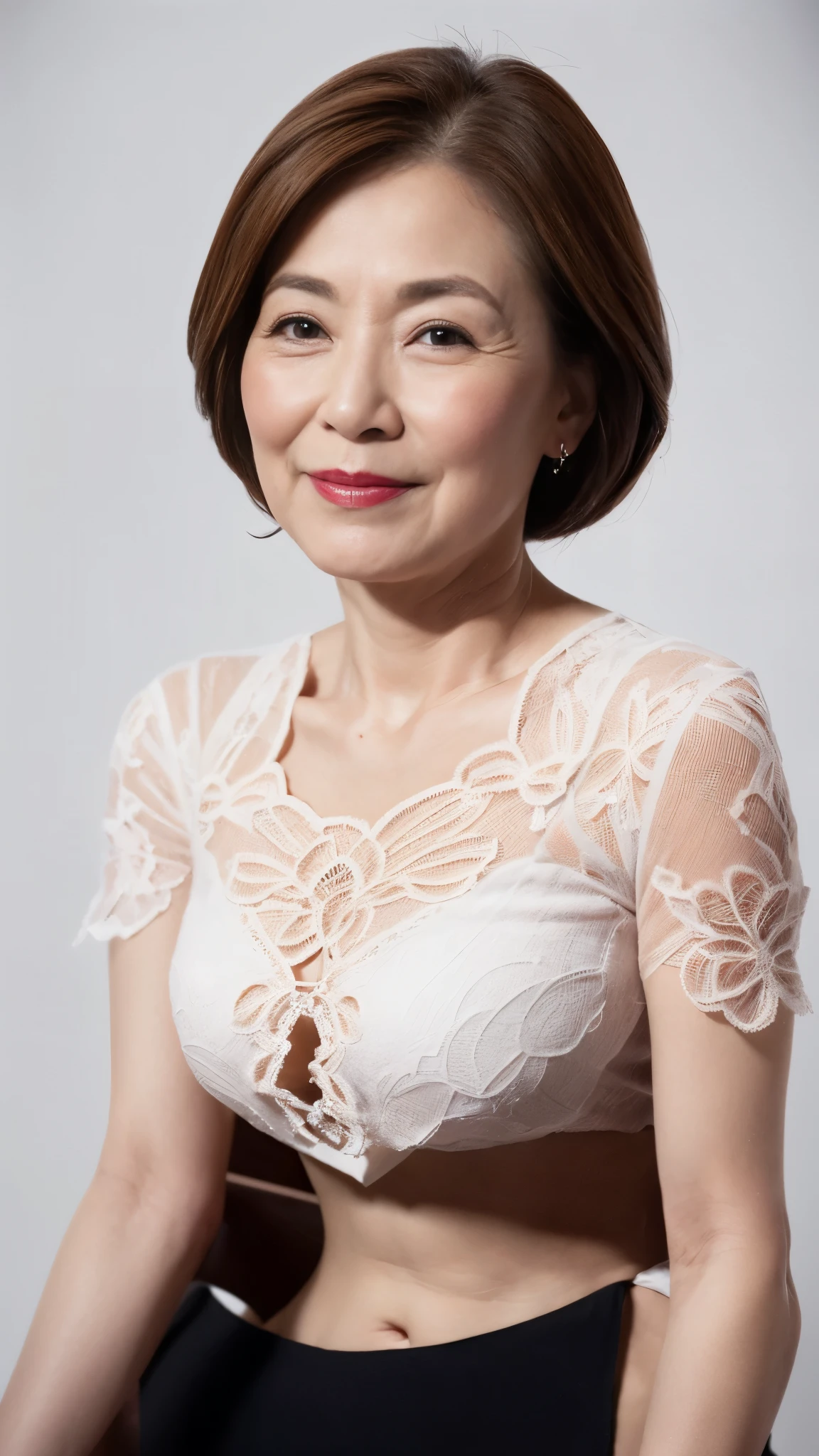 (((alone))), elderly mature woman, pure white background, gravure, facing the front, ((center your face on the screen)), describe the lips correctly,red lips, flashy makeup, from the chest up, table top, highest quality, Super detailed, realistic, Super detailed細なスキン, perfect anatomy, (1 Japanese mature woman), (positive), 100 years old, huge breasts, mature political scientist, Glamour, Sexy, pure white skin, looking at the viewer,
