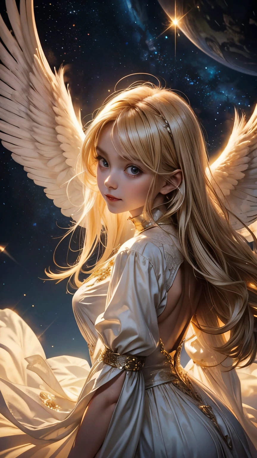 from front, looking straight at viewer, from above:1.2, baby girl angel, gentle smile, big eyes, blonde, A neat god with sleeves that hide his chest々Dresses, A dazzling light from behind, Angel wings on the back, Glowing space background, Prayer-like pose, photorealistic