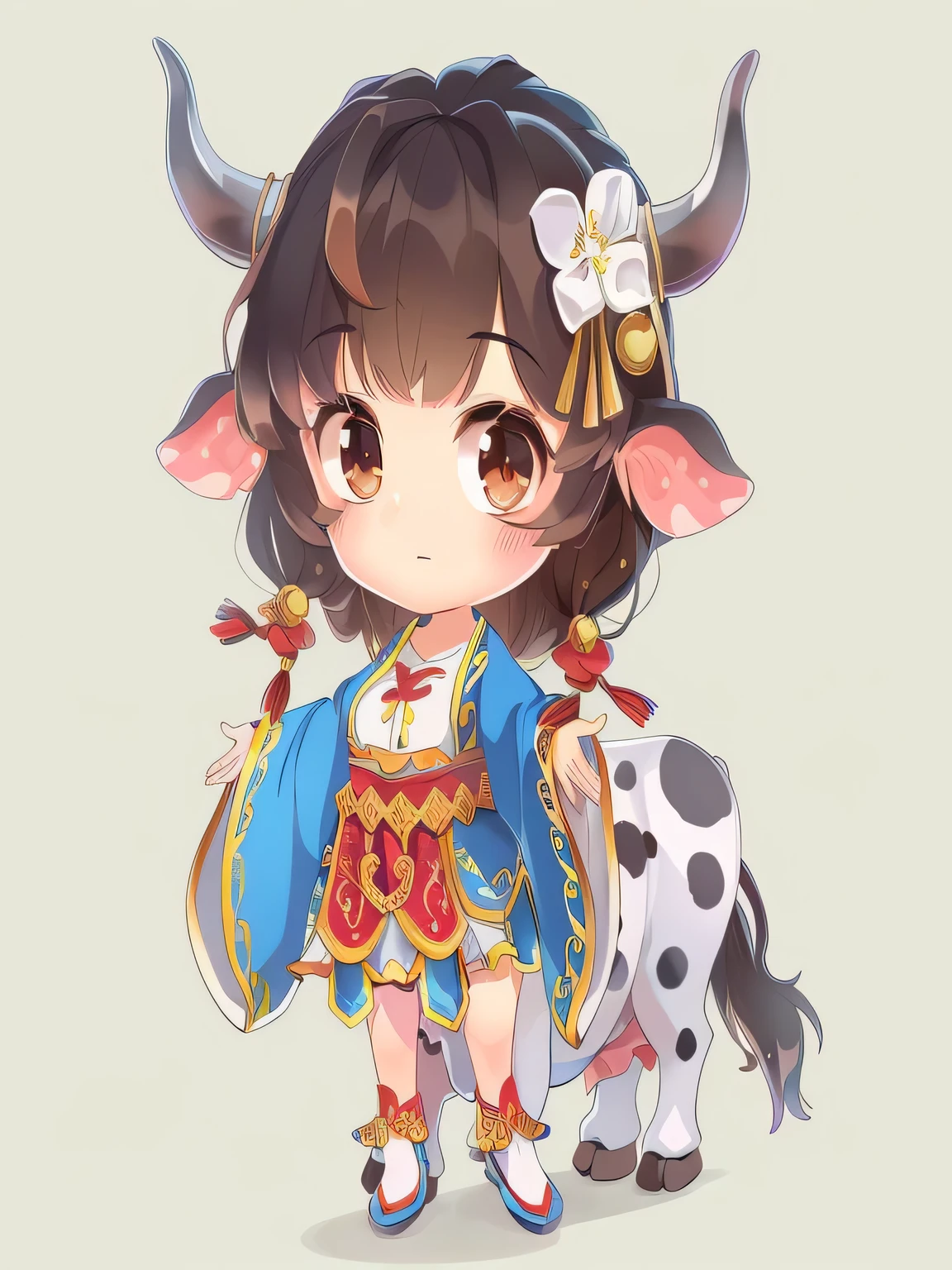 anime girl with a dairy cow and a dairy cow costume, author:Yang Jie, dairy cow, 《Genshin》Keqing in, 《Genshin》Zhongli in, by Shitao, Onmyoji, cute characters, Official fan art, Inspired by Puhua, Detailed fanart, guys, xqdairy cow, Lingchang, 8K!!, Black person