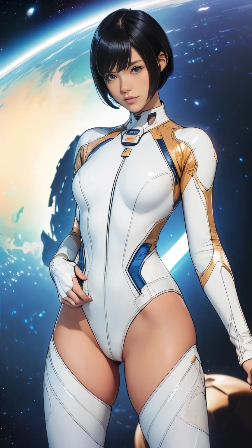 (masterpiece、highest quality、highest resolution、clear_image、Detailed details): (full body figure、 girl、Japanese face、small face、thin、navy blue super short bob cut hair、blue colored eyes、((navy long sleeve space suit、space helmet))、headset、cosmic handbag、cute type、gentle smile、soft expression、headset、(((knee high boots)))、gloves up to the elbow、eye level shot、face directly、woman on a spaceship), (((camel toe))), ((Pure white leotard))