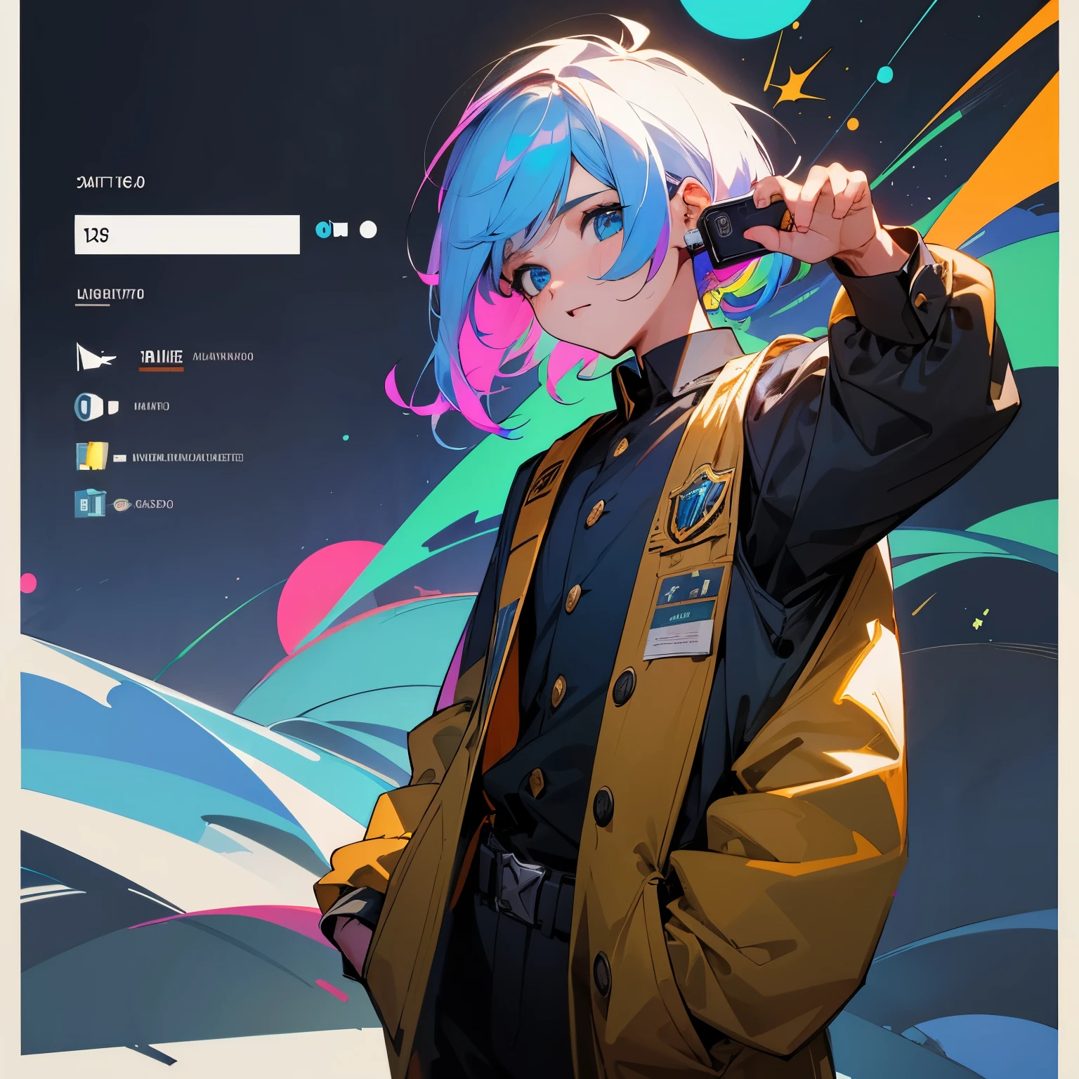 Um jovem de cabelos castanhos ondulados, entre 20 e 30 anos, veste uma camiseta branca com uma estampa de um controle de videogame, with colorful buttons and precise details, as if you are ready to control your own virtual journey in real life.