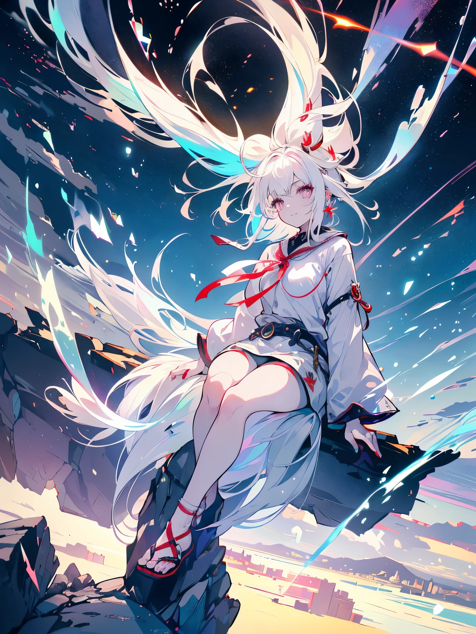 a girl, youkai fox girl, white hair, sideburns with ribbons, long sideburns, colorful eyes, luminous earrings, devilish smile, white hair, (((sitting on a rock, with only one foot on top, and winds blowing her hair and her clothes))), full body, naughty, {extremely detailed 16k CG unit wallpaper}, expansive landscape photography, (a low view with focus on the scenery), (wide view of open field), (shot in low angle), (high light: 1.2), (low light: 1.2), (warm light source: 1.2), complex details, (iridescent colors: 1.5), (bright lighting), (atmospheric lighting), dreamy, unique
