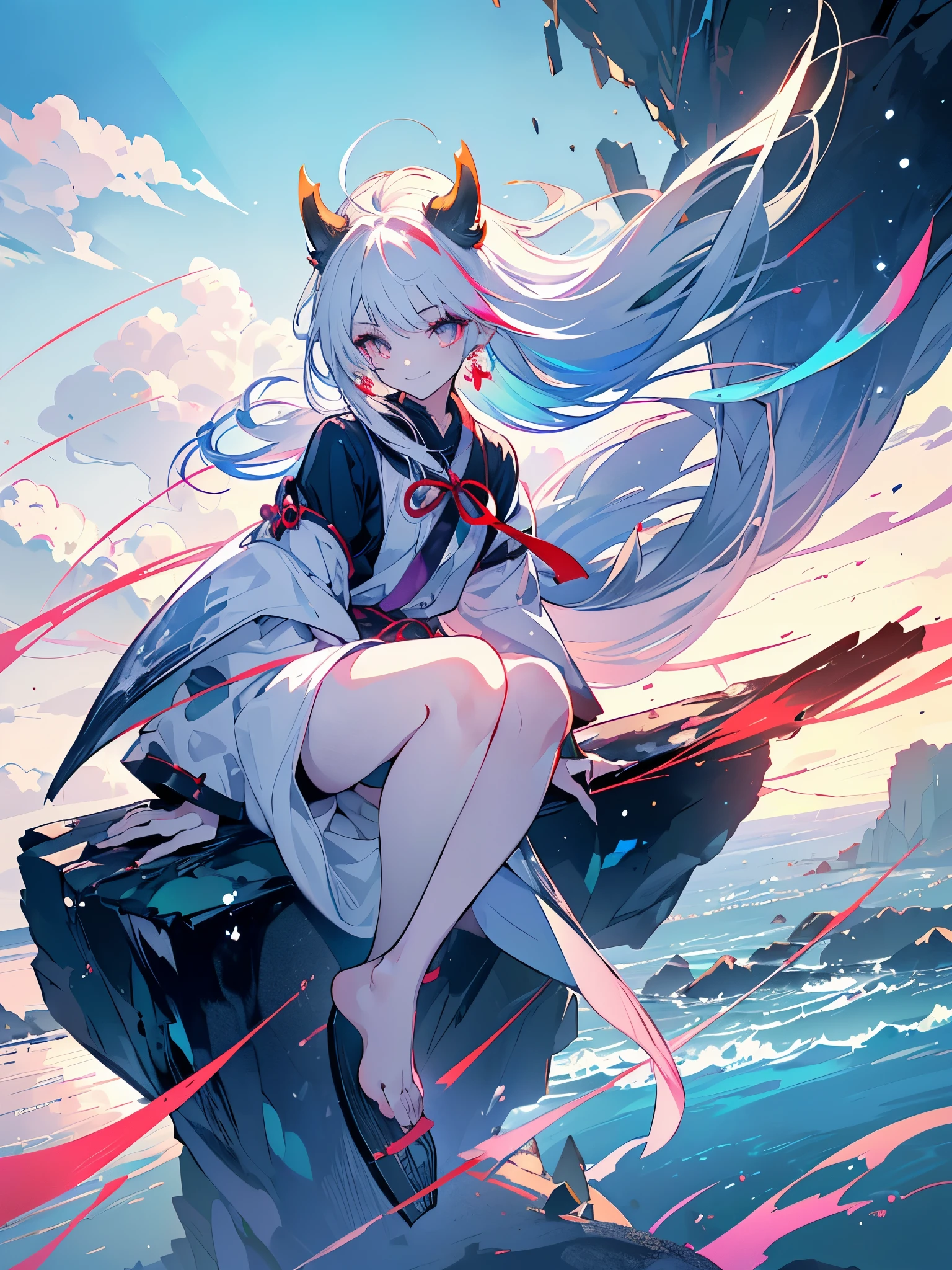 a girl, youkai fox girl, white hair, sideburns with ribbons, long sideburns, colorful eyes, luminous earrings, devilish smile, white hair, (((sitting on a rock, with only one foot on top, and winds blowing her hair and her clothes))), full body, naughty, {extremely detailed 16k CG unit wallpaper}, expansive landscape photography, (a low view with focus on the scenery), (wide view of open field), (shot in low angle), (high light: 1.2), (low light: 1.2), (warm light source: 1.2), complex details, (iridescent colors: 1.5), (bright lighting), (atmospheric lighting), dreamy, unique
