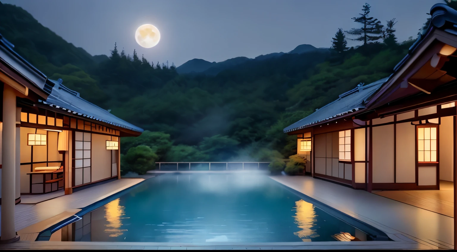 Commercial photography, real shoots, movies, photoreal.
Japanese hot springs, no one around, composition focusing on the hot springs, warm, full moon, starry sky. Luxury inn in Hakone, hot springs, cypress baths,
Cozy, relaxing, HD, masterpiece. steam,