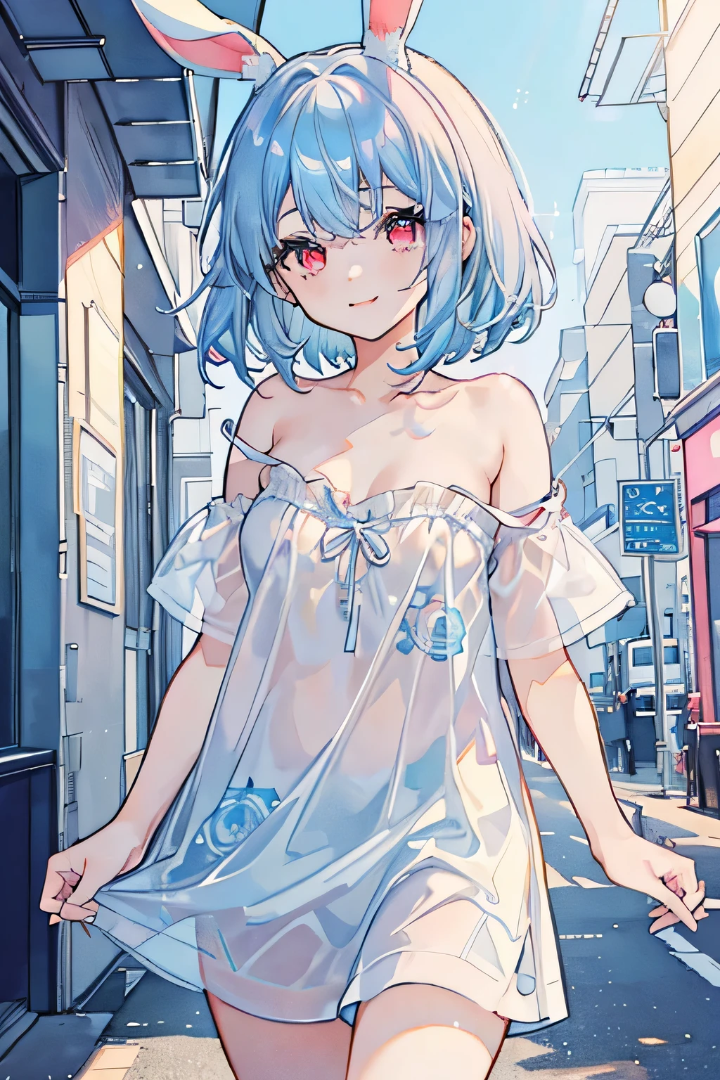 Cute as a dream、a pale、masterpiece、top-quality、top-quality、watercolor paiting(Curly)、official art、Beautifully Aesthetic:1.2)、(a beauty girl:1.3)、patterns、(blue hair, ((short hair)), colourful hair:1.2)、sparkles、colourfull、Hair spreads throughout、kawaii、pastels、Rainbows, (1 girl solo), pastel colors,red eyes,undressed,caughtnaked,young girl,woman,long hair,woman,B cup breasts,smiling,naked,girl,blue bunny ears, walking in public ,wearing only a T - Shirt
