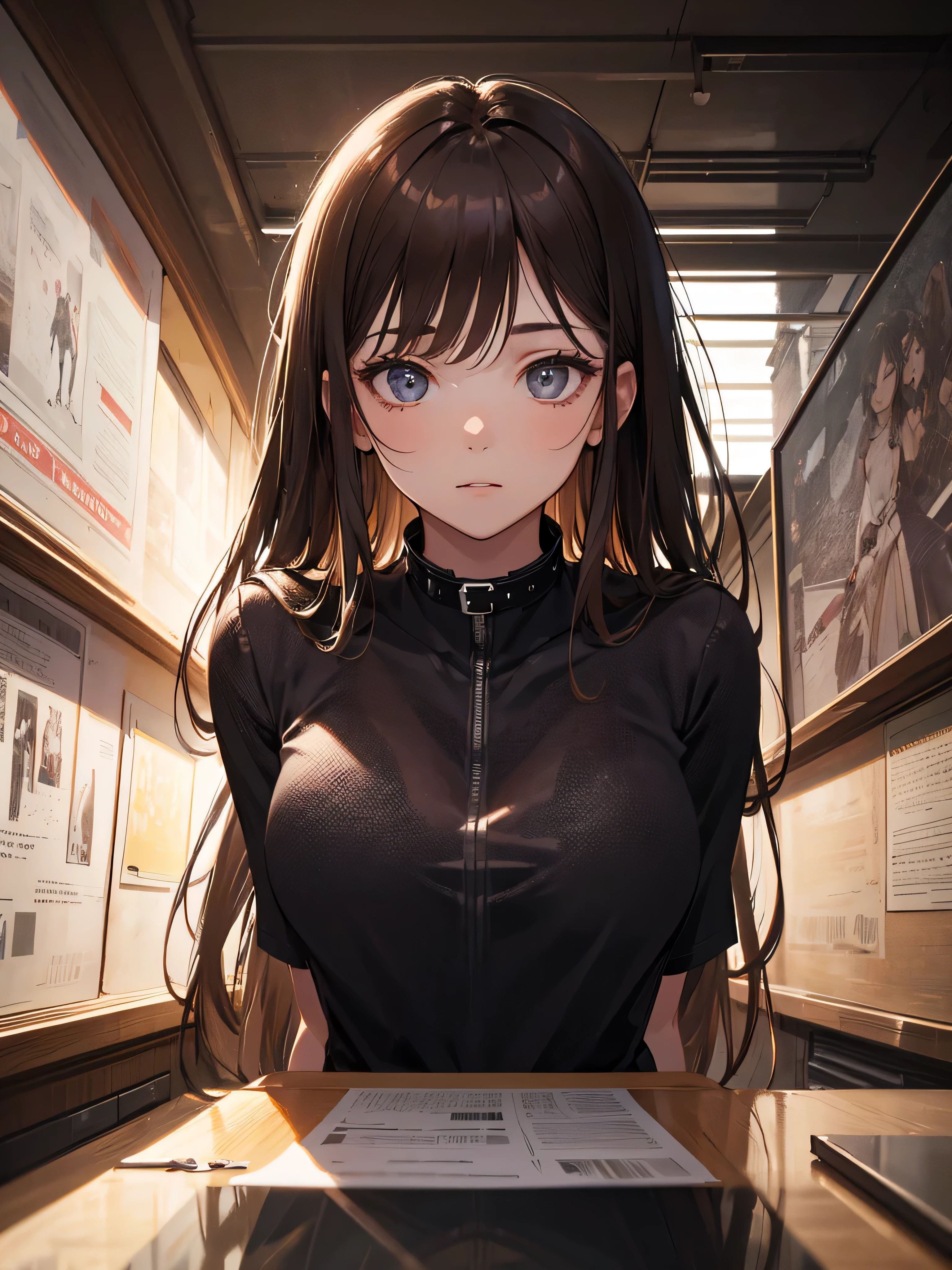 realistic, table top, highest quality, Raw photo, 1 girl, alone, long hair, brown hair, detailed face, fascinating face, black shirt with collar, medium breasts, dynamic pose, looking at the viewer, from below, detailed background, Detailed, intricate details, ray tracing, Depth of the bounds written, low key, nffsw
