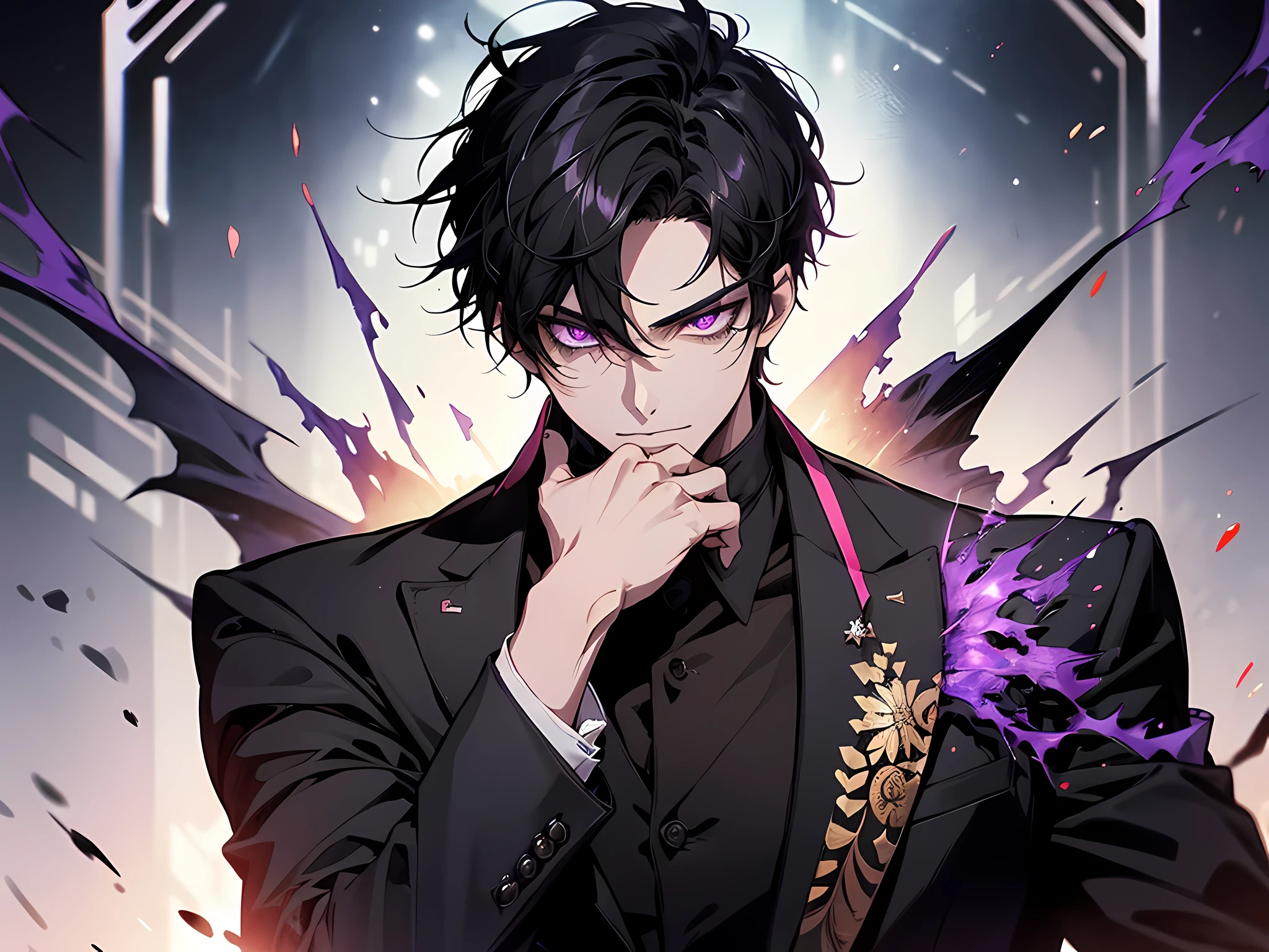 1Man, short black hair, fiery black-purple eyes, wears a black suit, he's a demon lord, howing only upper body (super intricate details), face to detail, detailed eyes, anime art style, high quality 8K anime wallpaper, RGB lighting