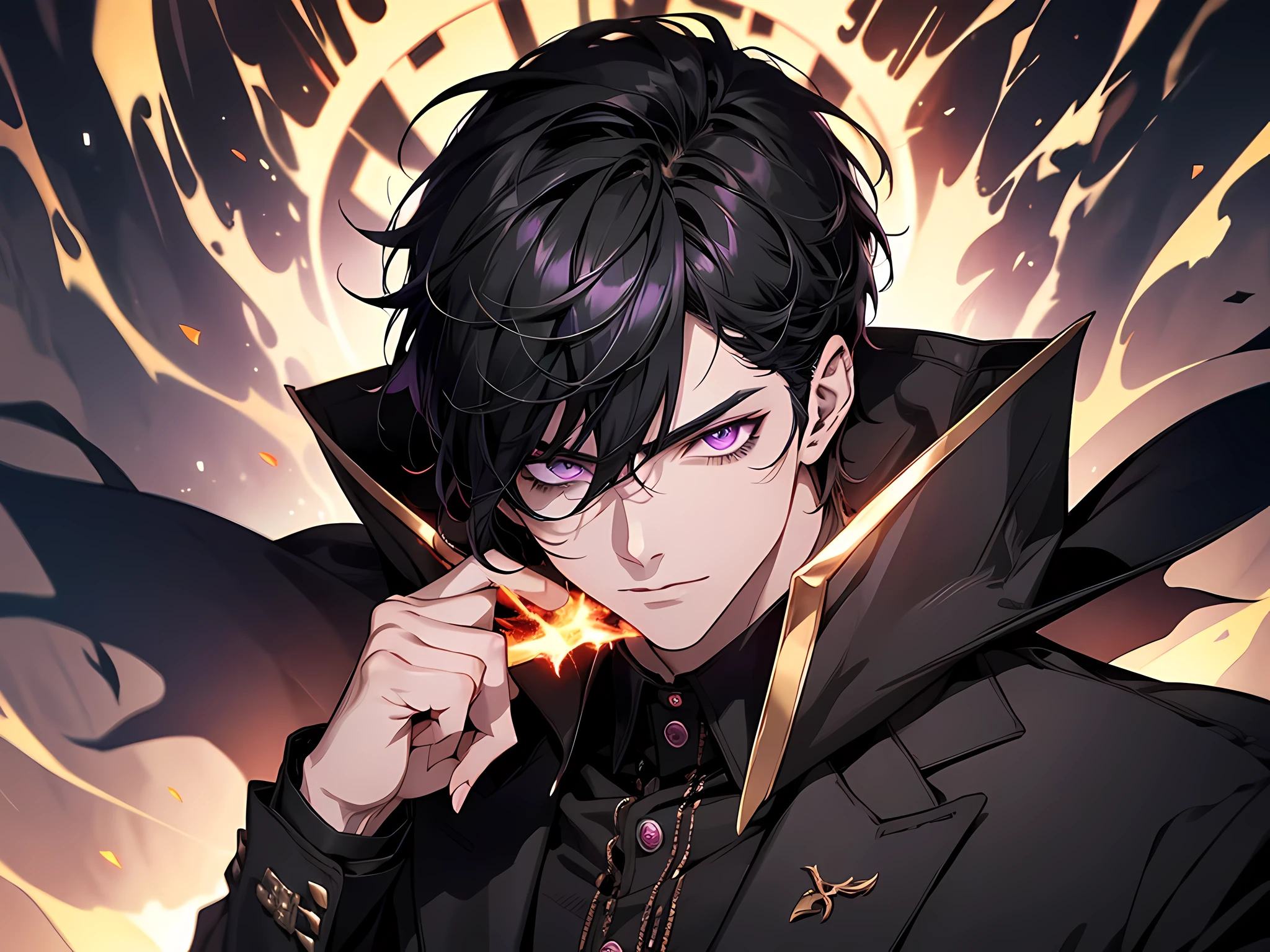 1Man, short black hair, fiery black-purple eyes, wears a black suit, he's a demon lord, howing only upper body (super intricate details), face to detail, detailed eyes, anime art style, high quality 8K anime wallpaper, RGB lighting