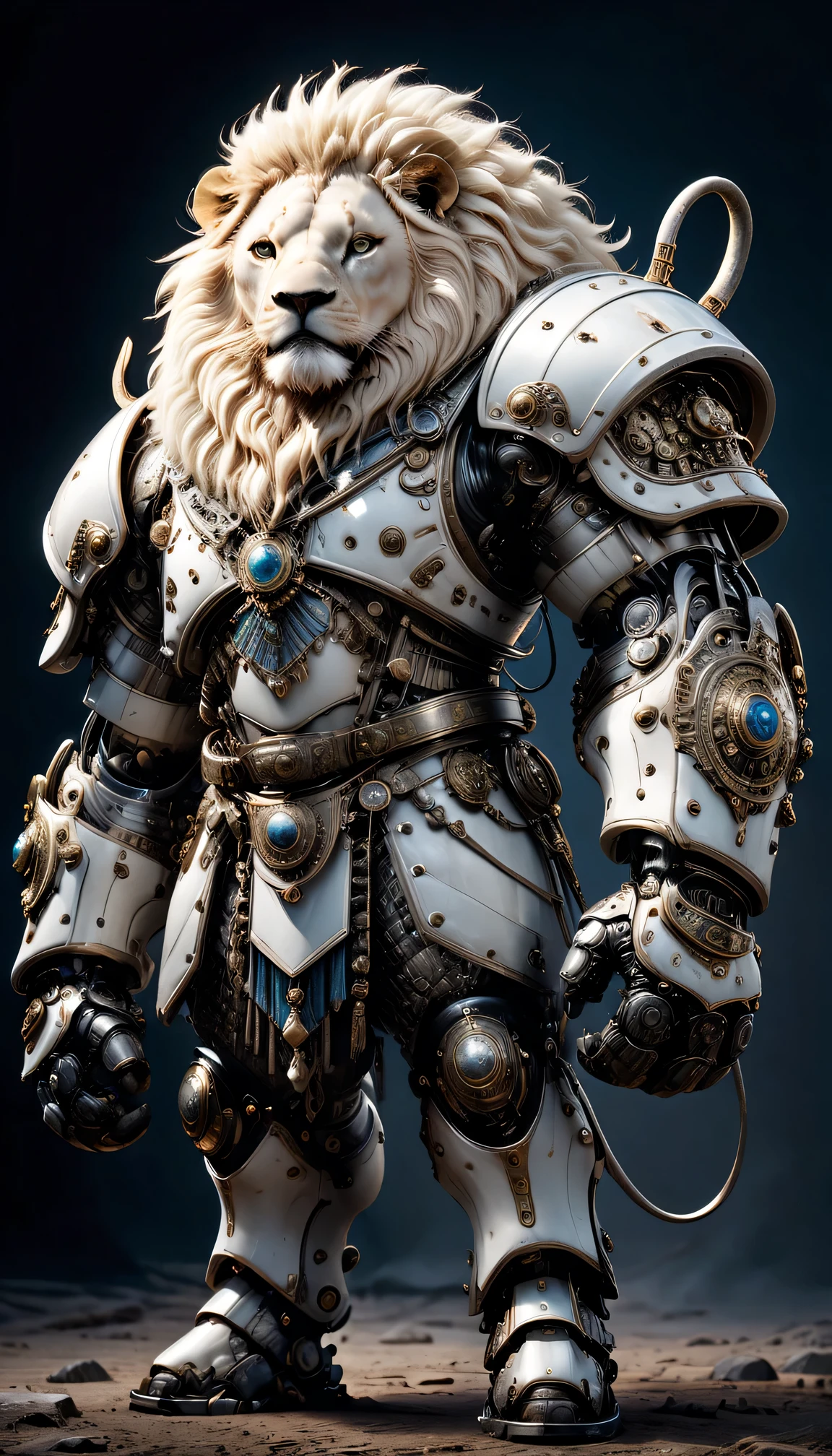 photorealistic portrait of Dressed animals - a ((fat)) white lion warrior,(brave pose), high quality,(lovely) ,intricate detailed giant mechanical arms, highly detailed ((mechanical armor) ,,highly detailed decorations, , (brave), studio lighting,(full body image from head to toe:1.5)
