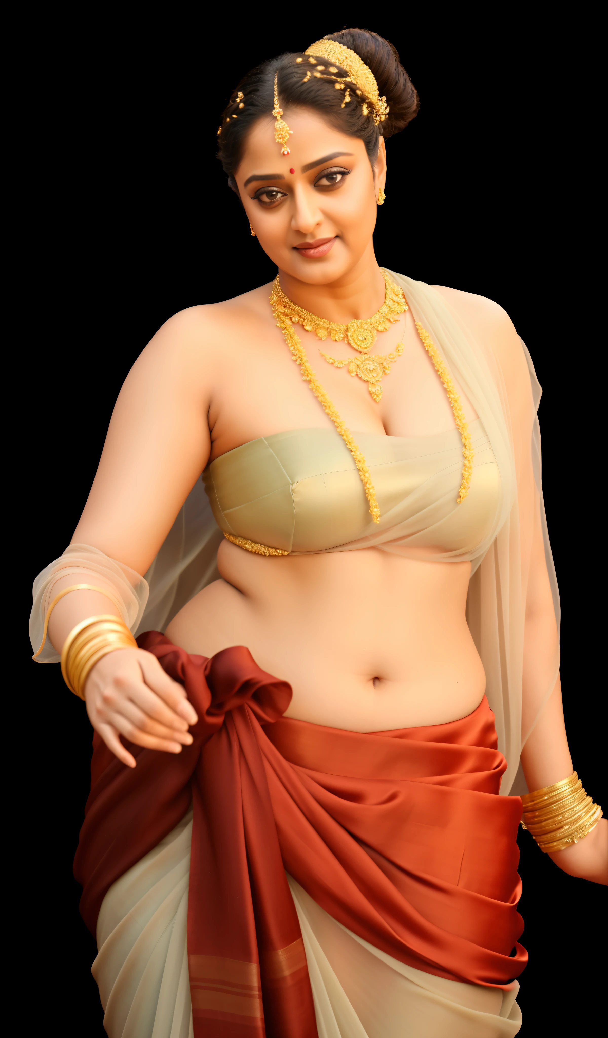 50yo mature MILF Anushka Shetty,((best quality)), ((masterpiece)), ((realistic)), Medusa, full body, the hair composed of countless small snakes, green eyes, female face,metal carved top, royal aura, trend on artstation , sharp focus, studio photo, intricate detail, very detailed, detailed eye, illustration, very detailed, sharp focus, digital render, professional, 4k, low waist saree satin sleeveless saree fashion,, she hates wearing any bra or blouse, thick figure, bulky figure, thick belly,
