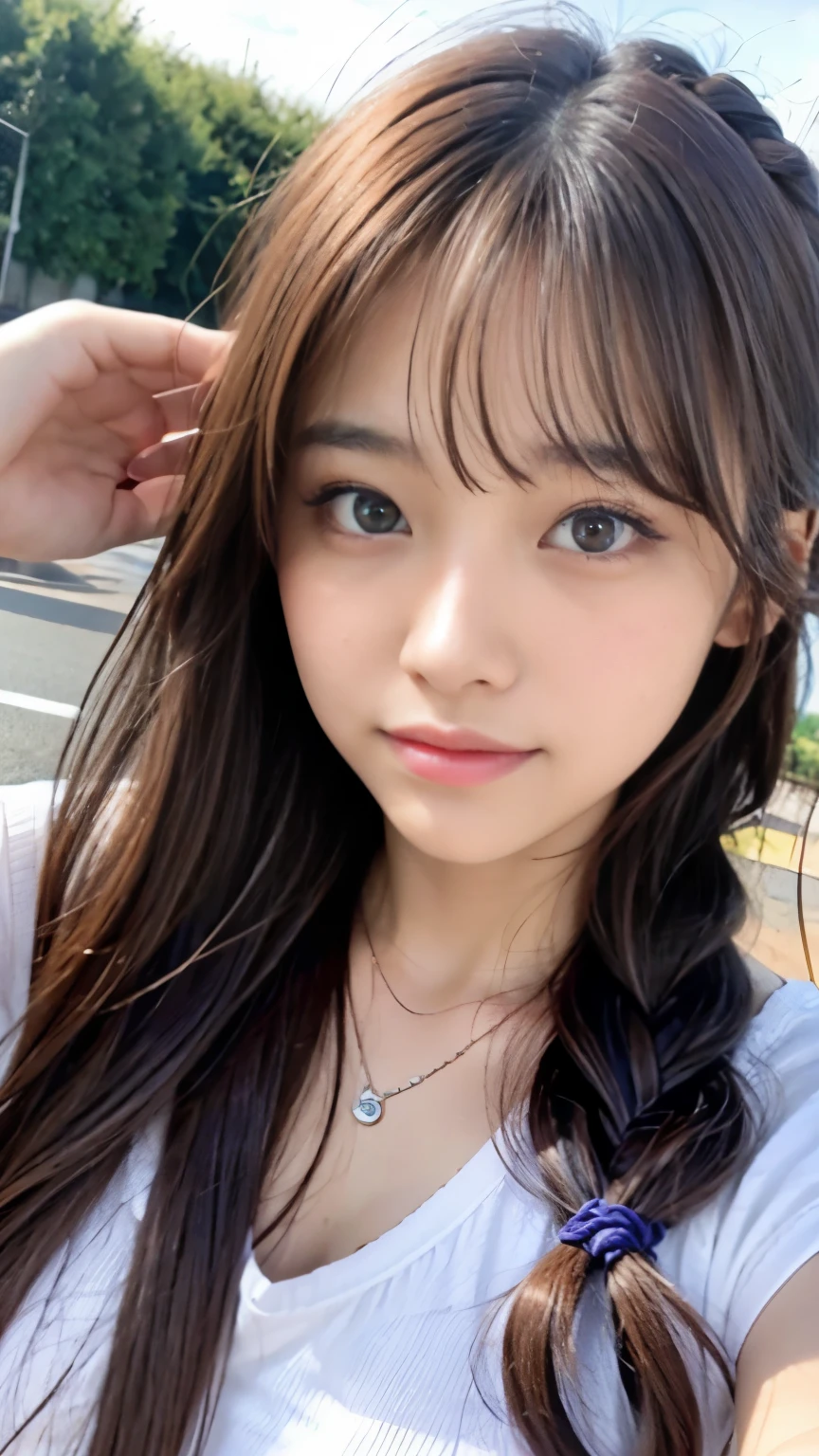 sexy big breasts、13 year old beautiful girl sexy cute looks and cute, beautiful and sexy face、The strong wind blows the hair in front of my face、Beautiful metallic pink French braid hair with beautiful cute and sexy eyes hidden in her bangs