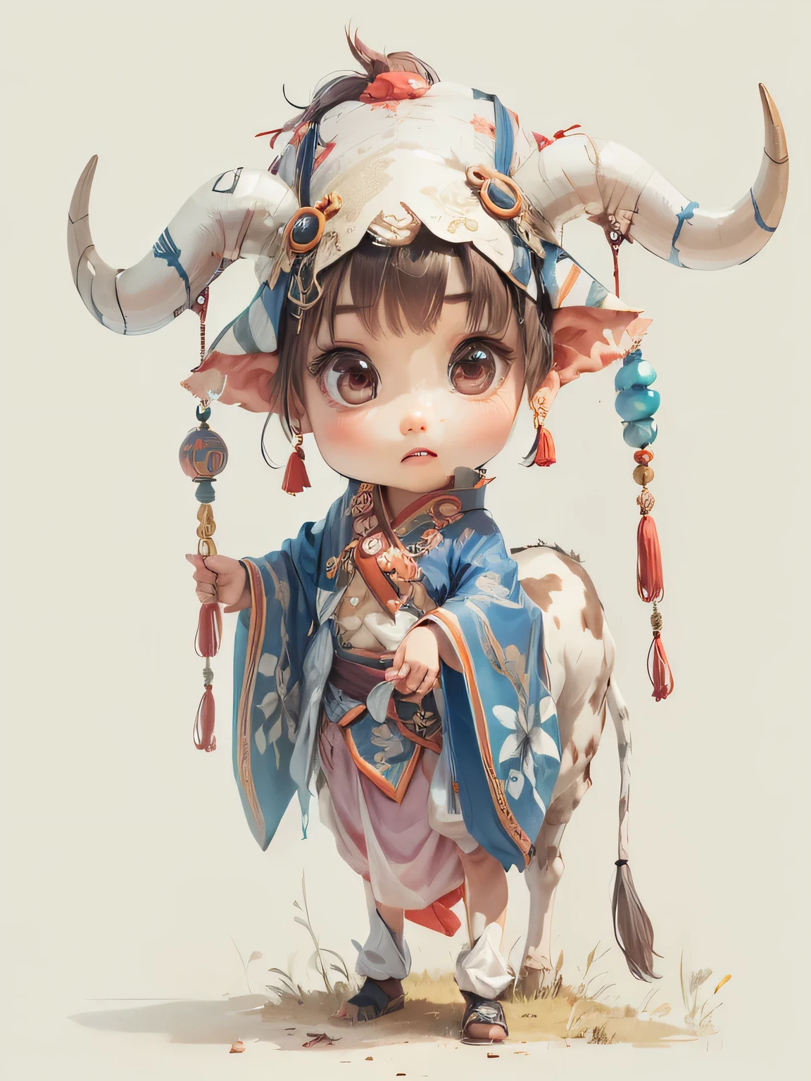 Anime character with horns and hat standing in the field, author:Yang Jie, cute numbers, Lovely and detailed digital art, Girls design lush horns, A beautiful artistic illustration, by Shitao, By Zeng Jing, author:Yang Borun, by Ryan Ye, by Qu Leilei, author:Zhu Lian, author:Li Song, Asura in Chinese mythology