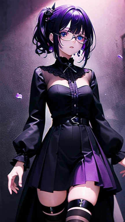 1girl, (masterpiece), best quality, expressive eyes, perfect face, anime girl with black hair and purple flowers in her hair, purple and black hair, colored inner hair, anime girl wearing a black dress, dark flowers, black flowers, purple and black clothes, violet and black, purple and black color palate, gothic maiden anime girl, school girl in gothic dress, 18 years old gothic girl dressed in black, violet flower, purple and black color scheme, ((purple)), dark purple, small breast, (purple and dark blue eye heterochromia)+, black thighhighs, glasses