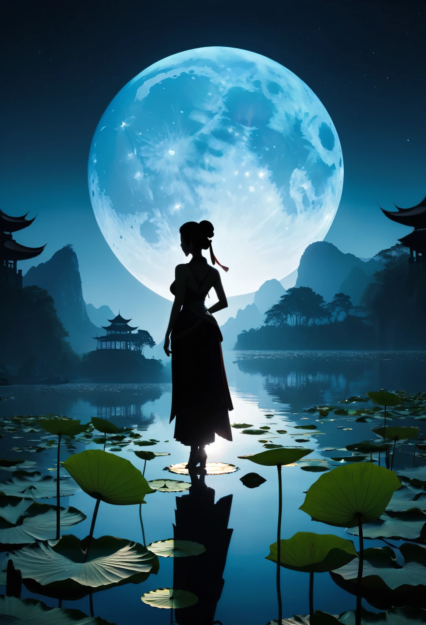 (Heroine silhouette:1.5),Strong dynamics,on  the lake，hight contrast, movie lighting, Enigmatic Atmosphere,，lotus flower，Lotus leaf，a moon