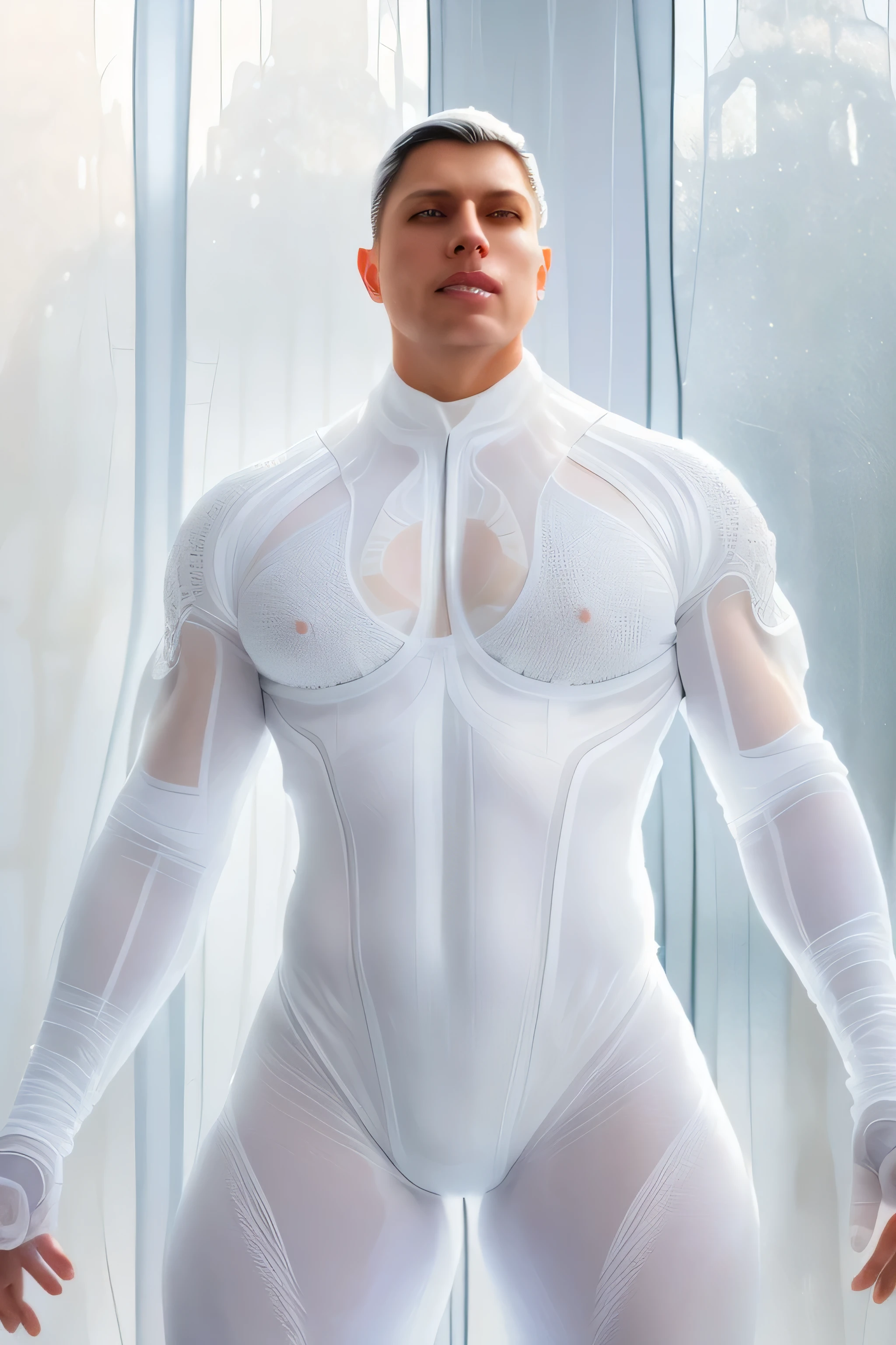 artistic painting of a man, clad in a ((translucent white bodysuit:1.2)), full body, symmetrical, adorned with delicate ornaments, amidst a backdrop of futuristic architecture bathed in natural daylight, intricate hyperrealism, volumetric lighting, architectural photography, professional ominous concept art, by artgerm and greg rutkowski, an intricate, elegant, highly detailed digital painting, concept art, smooth, sharp focus, illustration, in the style of simon stalenhag, wayne barlowe, and igor kieryluk, symmetrical, realistic, cinematic, best quality, detailed background, depth of field, intricate details, dynamic pose, dynamic angle, (huge-muscles), (large pectorals), (puffy nipples)