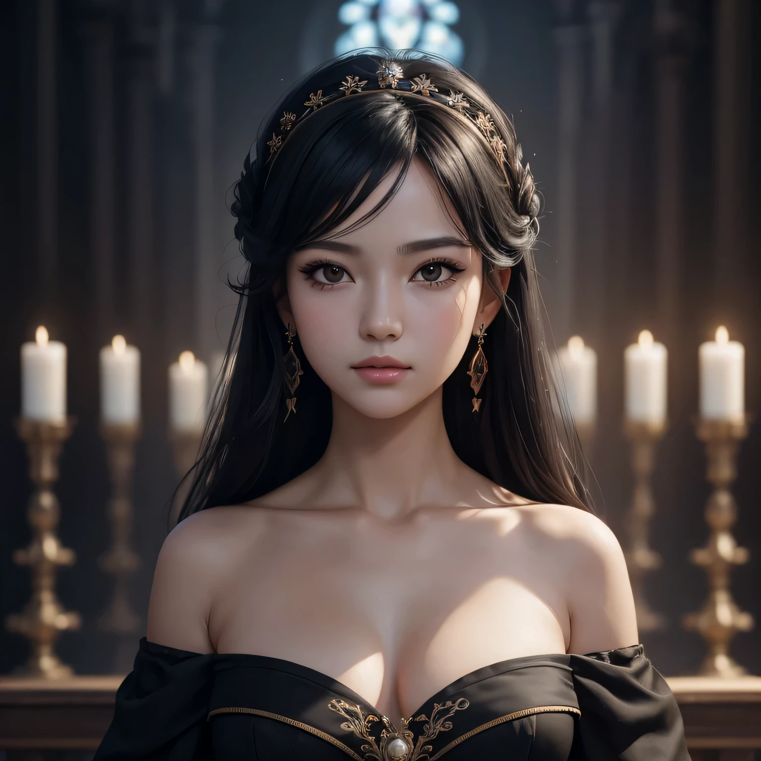 (Masterpiece), best quality, highest quality, highly detailed CG unity 8k wallpaper, original, high resolution, (depth of field: 1.5), fidelity: 1.3, breasts, portrait style, 1 girl, altar background, black dress, solo, earrings, black_hair, face the front