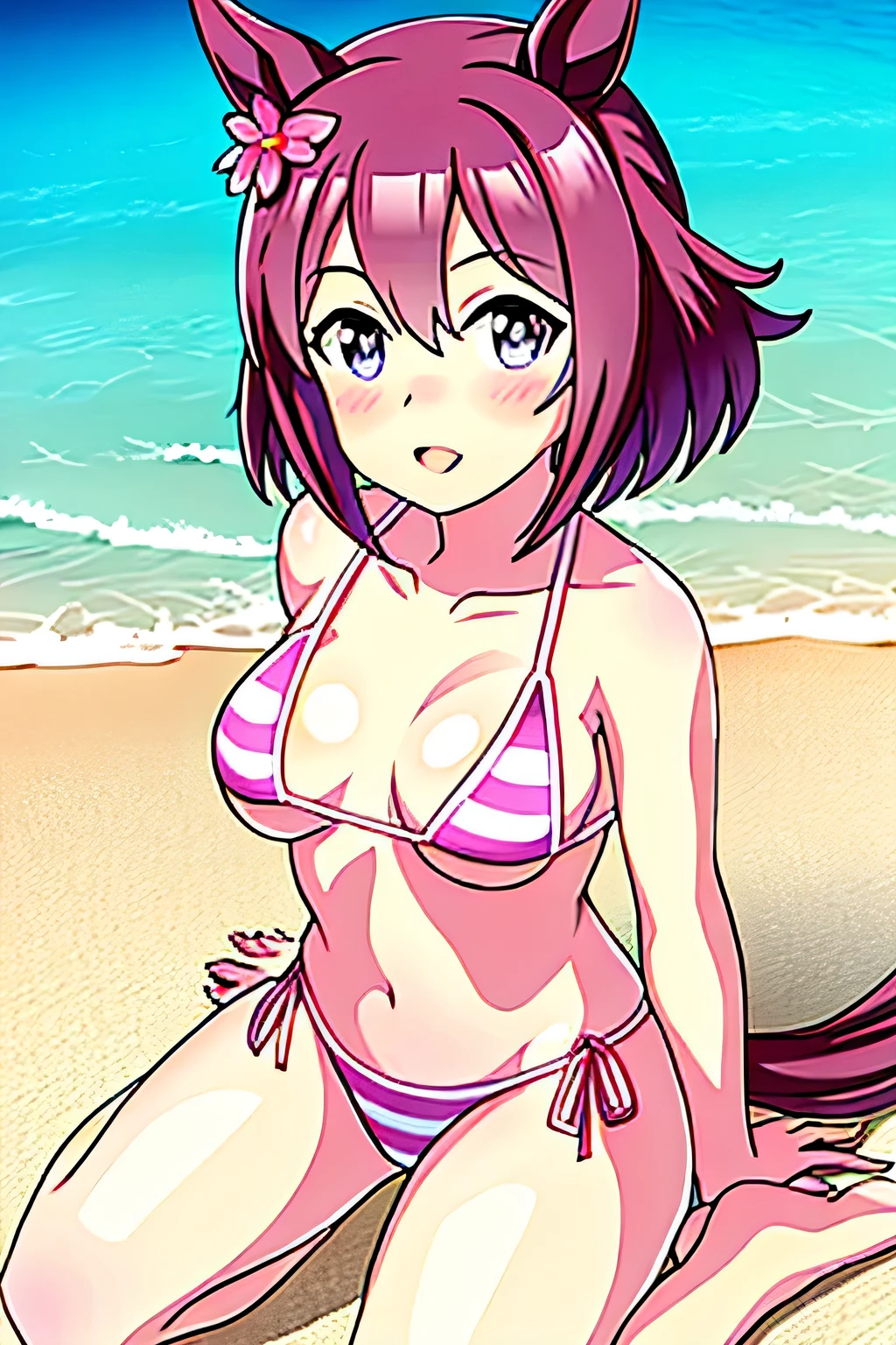 Sakura chiyono O(umamusume),micro bikini,pink striped bikini,beach