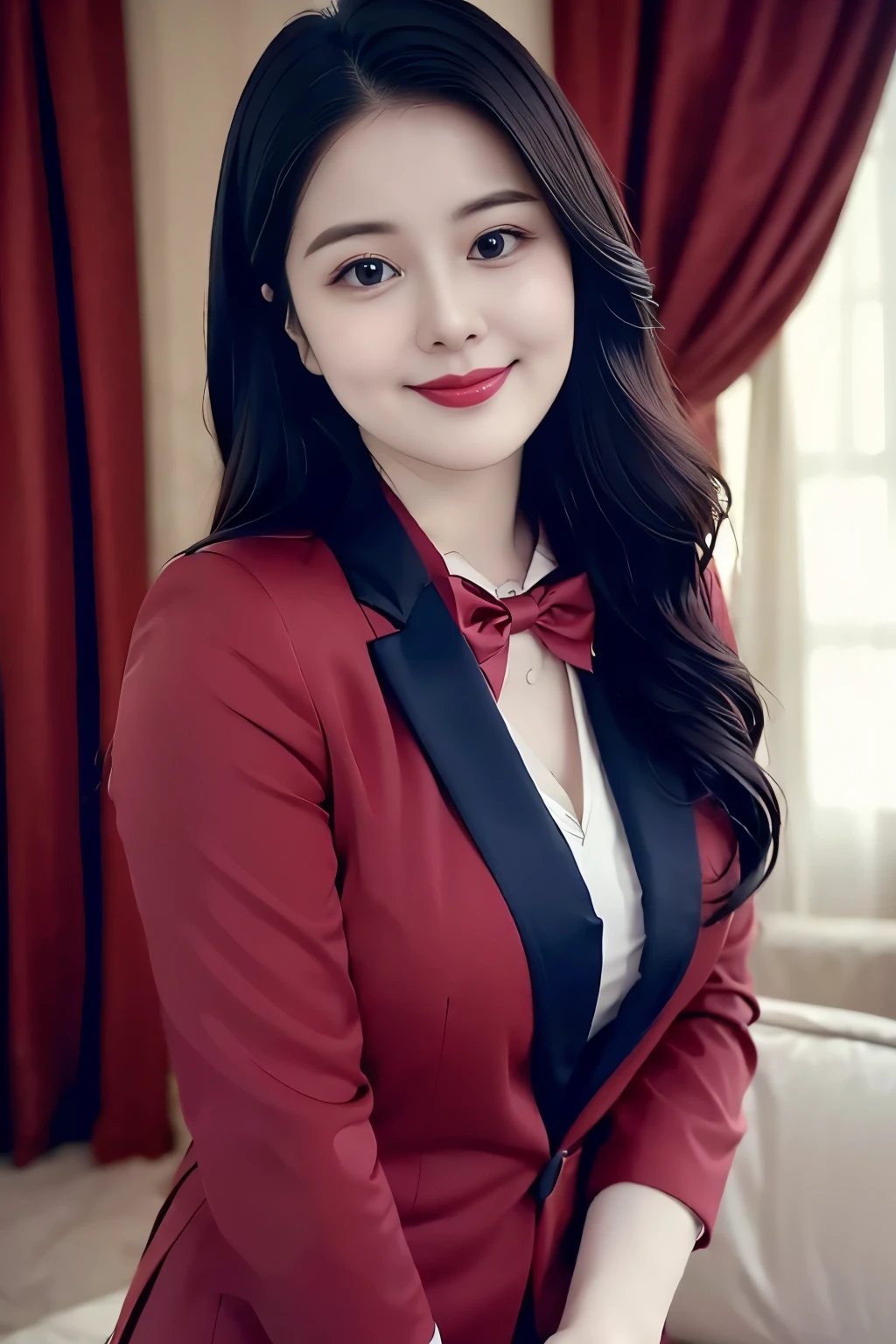 (top quality、8k、masterpiece:1.3))、30-year-old Korean woman,sharp focus, High level of image quality, high resolution,facial focus,Portrait ID photo,Upper body photo。Draw lips correctly, red lipstick,Wear a green suit,red bow tie。wavy long hair,Mature,charming smile,Pink warm color background,solid color background