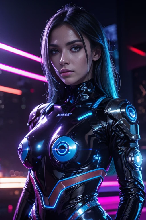 (Best quality,highres:1.2), ultra-detailed, (realistic:1.3), cyberpunk, futuristic, portrait, shiny revealing latex outfit, cyber implants, virtual reality, glowing makeup, metallic body parts, body modification, techno atmosphere, cityscape background, hovering robotic arms, advanced technology, electric blue color palette, surreal lighting.