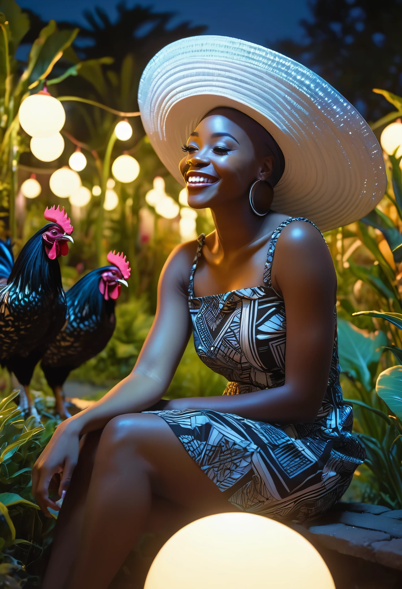 Happy Black woman dressed in an African designed all dress with a white hat over her head, sitting 
in the middle of the garden next to rooster, night time with neon city lights shining a medium light in the scene, a beautiful sci-fi Afro futuristic cinematic scene that captures the essence of imagination and wonder, highly detailed and ultra HD images shot on 70mm IMAX cameras. 