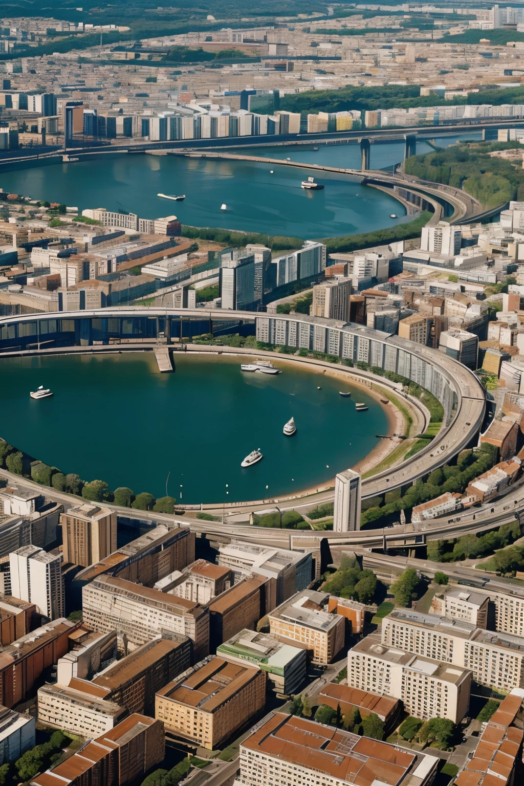 (4K), (Melhor qualidade), (melhores detalhes), (realistic), aerial map of modern city with some buildings, a central square and plenty of vegetation