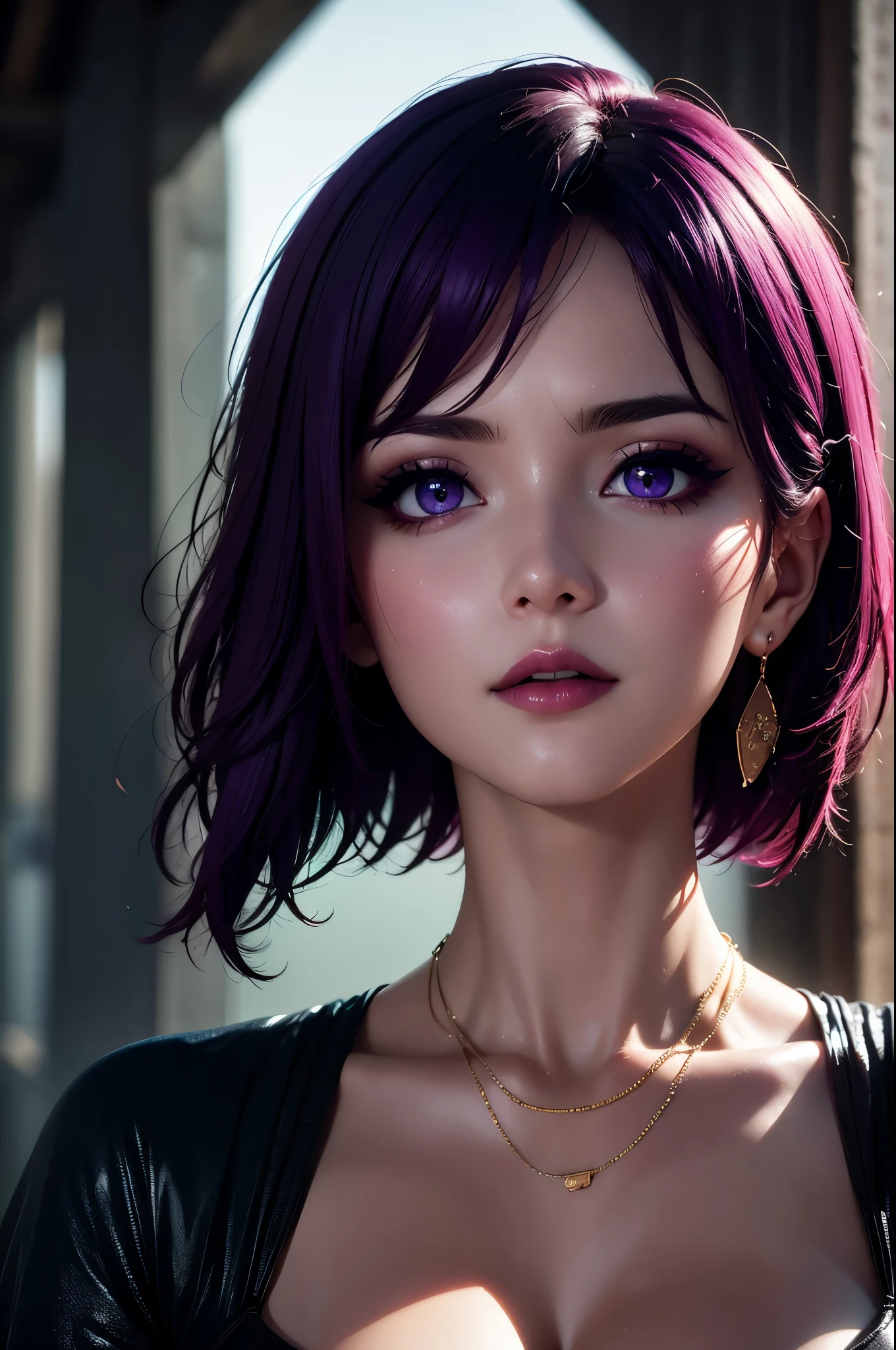 picture, ProFessional Full-body, (detailed Face and eye:1.4), Purple eyes,Deep rifts, colorFul, color photography oF woman, (dark makeup), necklace, Earrings, (Dark lipstick), Split lips, sharp Focus, Focus on Face, Insanely sharp details, Very detailed, gigantic breasts in Frame, 4K HQ, 8k, depth oF Field, F/1.2, Leica, 8k HDR, High contrast, Highly retouched, Shadows, sad, Award-winning photography, The best photographers.