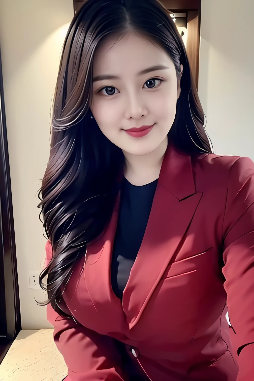 (top quality、8k、masterpiece:1.3))、30-year-old Korean woman，sharp focus, High level of image quality, high resolution，facial focus，Portrait ID photo，Upper body photo。Draw lips correctly, red lipstick，Wear a floral pink suit，red bow tie。wavy long hair，Mature，charming smile，Pink warm color background，solid color background