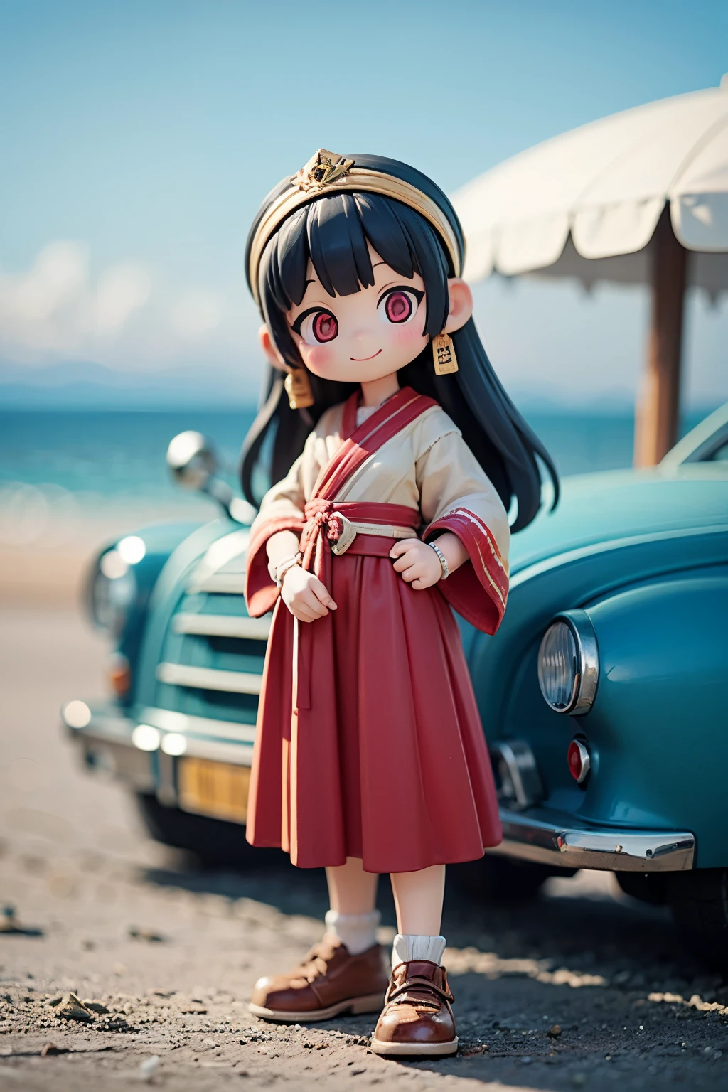 Octane Render、(Hyper-detailing: 1.15)、(Soft light、sharp: 1.2)、morning、 posing in front of colorful EV in parking lot near beach, Traditional costumes、Distinctive ethnic hair ornaments、Characteristic ethnic shoes、 Fuji Film, F/4.0, masutepiece, Anatomically correct、A smile, radiant light