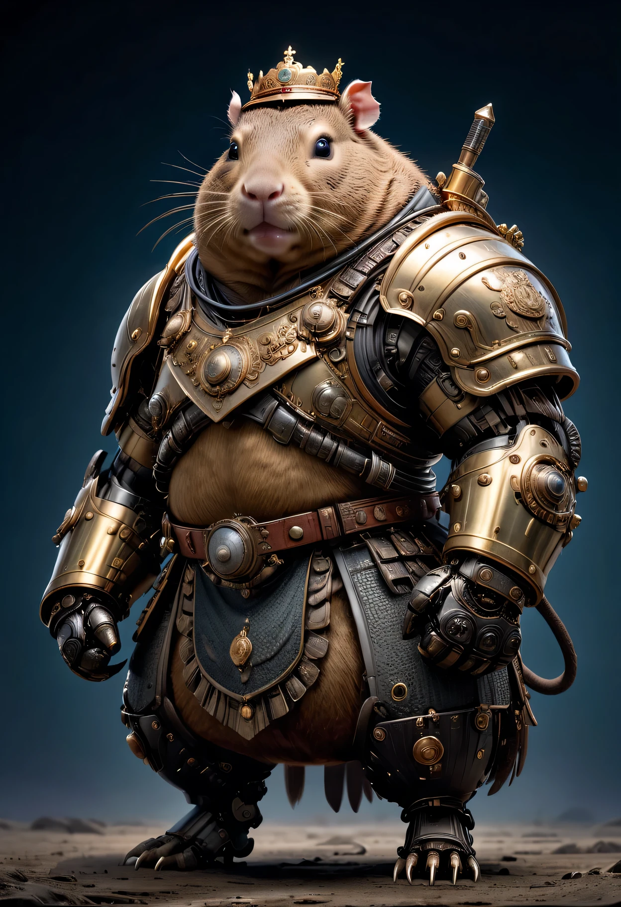 photorealistic portrait of Dressed animals - a ((fat)) capybara warrior,(brave pose), high quality,(lovely) ,intricate detailed giant mechanical arms, highly detailed ((mechanical armor) ,,highly detailed decorations, , (brave), studio lighting,(full body image from head to toe:1.5)
