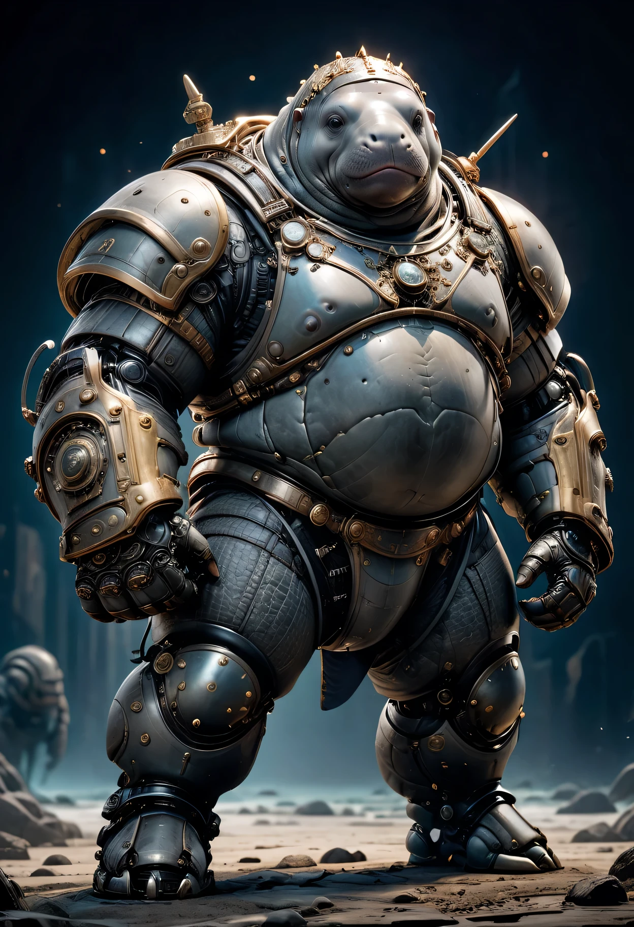 photorealistic portrait of Dressed animals - a ((fat)) manatee warrior,(brave pose), high quality,(lovely) ,intricate detailed giant mechanical arms, highly detailed ((mechanical armor) ,,highly detailed decorations, , (brave), studio lighting,(full body image from head to toe:1.5)
