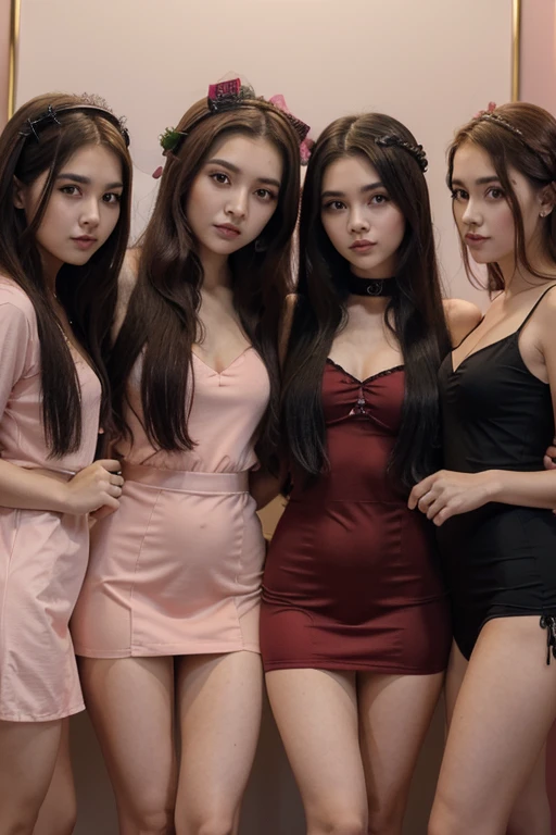 desenha 3 goticas taiwanesa fofa peitos enorme cabelos longos e cacheados roupa em tons pastel de rosa e vermelho claro . da pra ver o corpo todo. estao todas vestidas de roupas de gotica