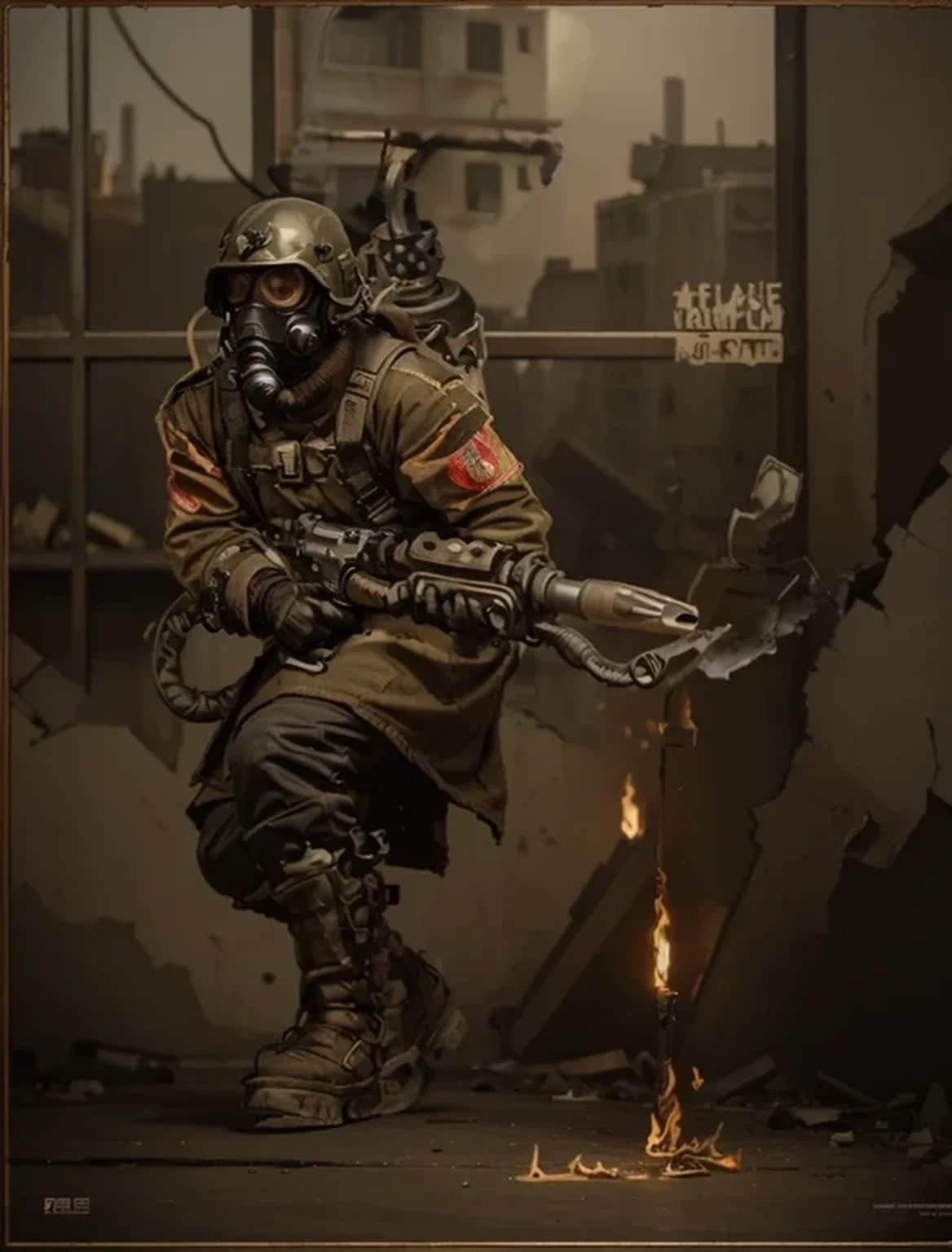 male soldier, gray iron helmet, tactical gas mask with tubes, brown Soviet style military uniform with red details, metal shoulder pads, communist symbols, belts with ammunition, holds a flamethrower, carries a metal oxygen tank on his back, military boots, black leather gloves, is on a post-apocalyptic totally destroyed city, explosions, lots of fire, lots of smoke, dead soldiers, ultra detailed, hyper realistic, battlefield, 4k, ultra detailed image, realistic, highly detailed, perfect composition, splendid , intricately detailed, incredibly detailed, Artistic photography in 8K, hyper detailed, Masterpiece