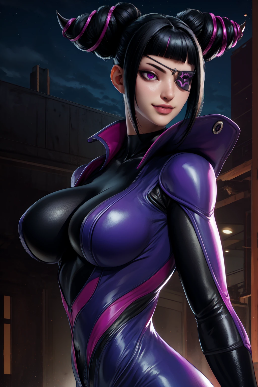 Juri , black hair,two-tone hair, hair horns, purple eyes, eyepatch,
bodysuit, clothing cutout,
standing, upper body, evil smile,
night club,
(insanely detailed, beautiful detailed face,beautiful detailed eyes, masterpiece, best quality) , solo, dinamic poses, shinning eyes, walking, laying, sitiing, dinamic poses