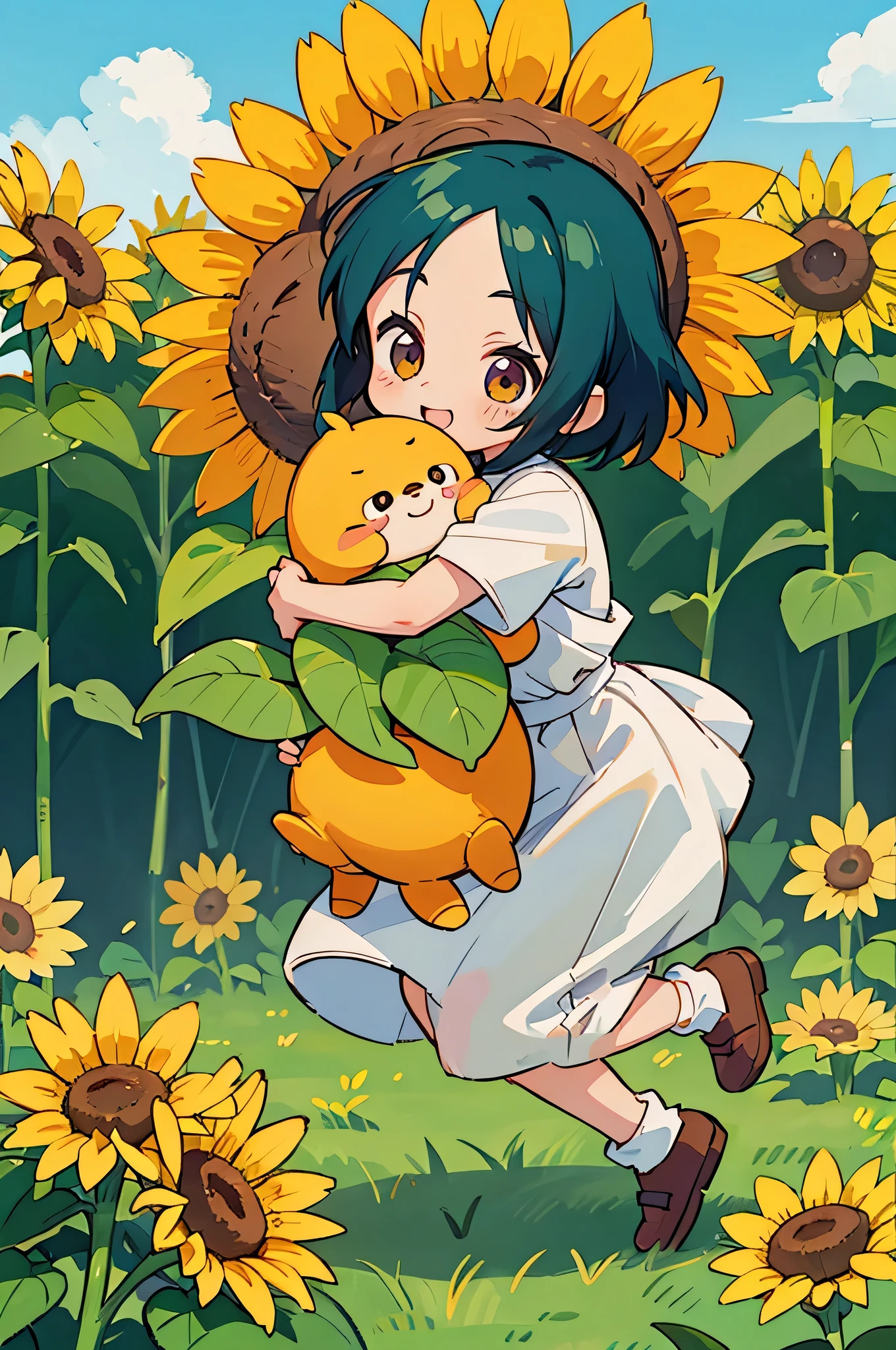 akira toriyama style、cute girl (((Chibi))) cute, stylish clothes, best smile, hug my mother、sunflower field