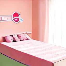 girl's room, color rosa, cama grande de cubierta con volantes,piso de color blanco, pared cubierta por posters de anime