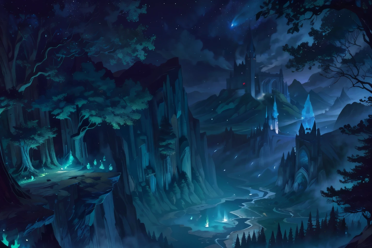forest, shadows, moonlight, ghostly, fire, light, magic flames, darkness, trees, leaves, wind, cliffs, magic, fireflies, eerie, wonderful, mystery, eyes, green, colorful stars, view from low angle, view from ground, emerald, castle on cliff, towers, spire, emerald glow