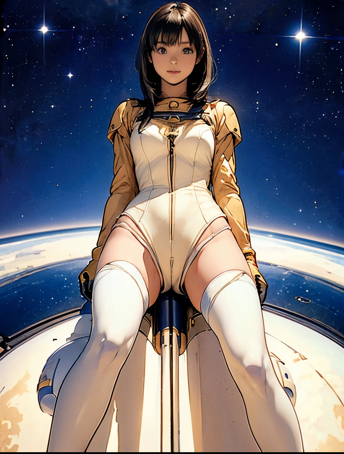 (masterpiece、best quality、Highest resolution、Clear_image、detailed details): (full body picture、15 year old girl、Japanese face、small face、thin、Navy blue super short bob、blue eyes、Blue and Black Shiny Aviator Suit、Armor that protects the chest、tight clothes、Clothes that cover the whole body、leggings、Very delicate and beautiful、hide thighs、hide your ass、Cute type、gentle smile、soft expression、earphone、knee high boots、Gloves come to elbow length、Shooting at eye level、face directly、woman on spaceship), (((camel toe))), ((Plain white tights))