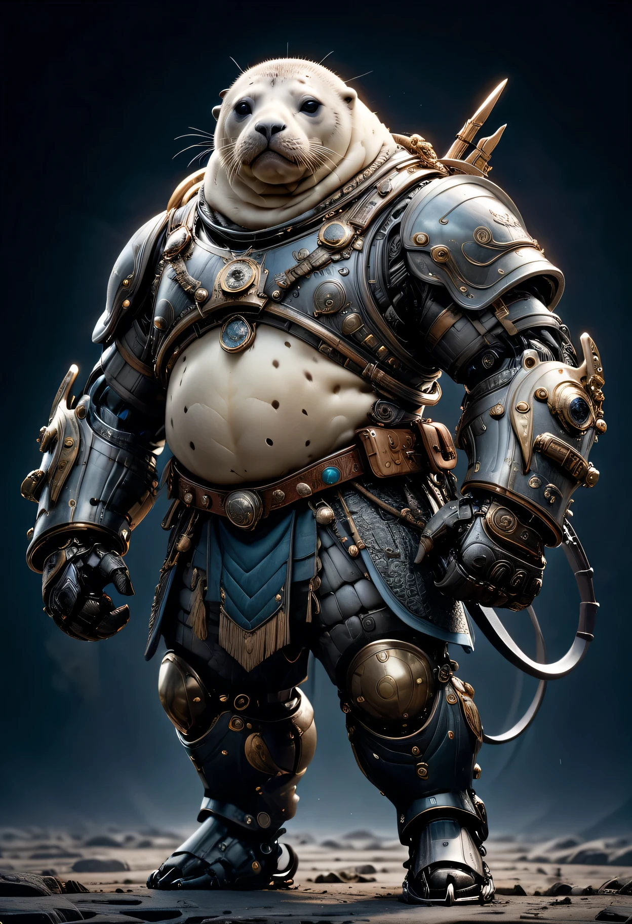 photorealistic portrait of Dressed animals - a ((fat)) seal warrior,(brave pose), high quality,(lovely) ,intricate detailed giant mechanical arms, highly detailed ((mechanical armor) ,,highly detailed decorations, , (brave), studio lighting,(full body image from head to toe:1.5)
