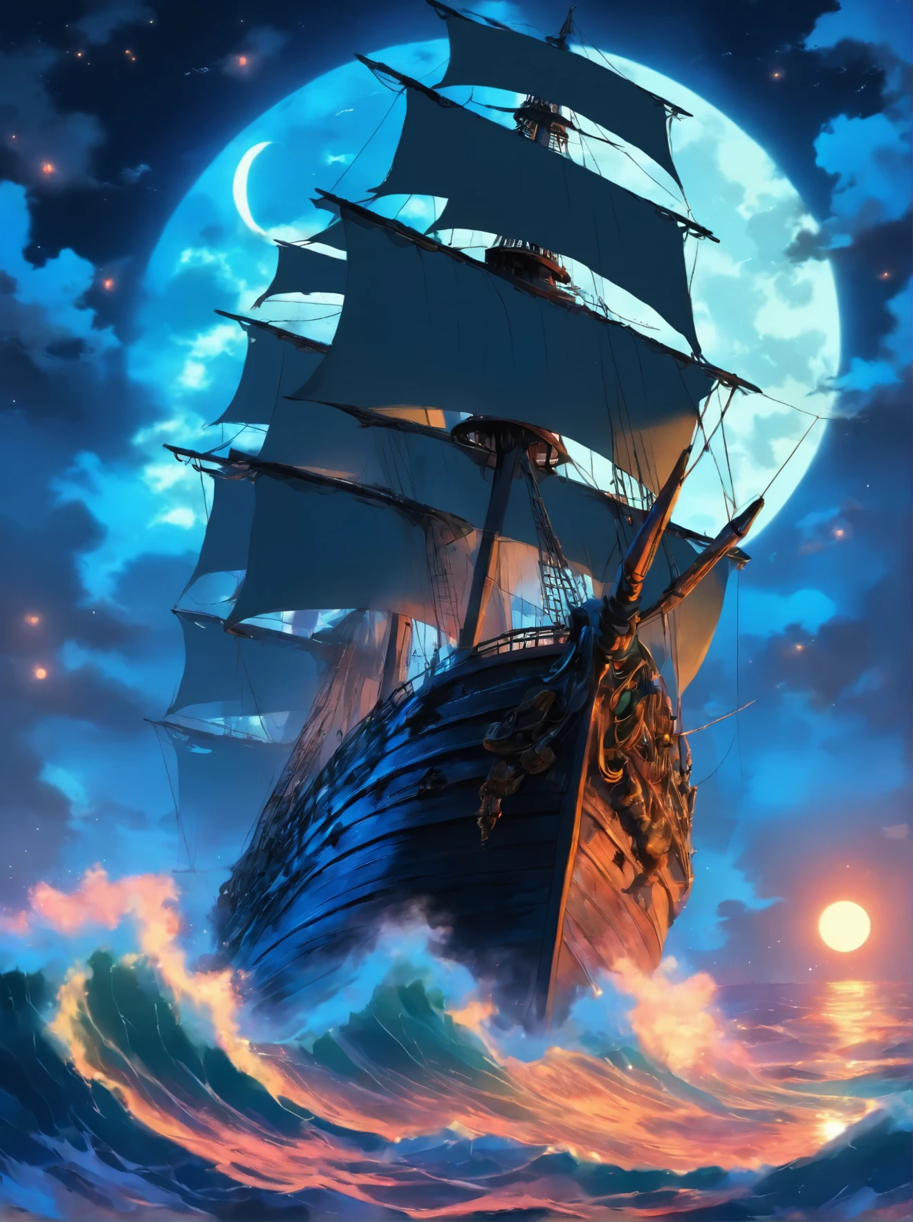 a large ship sailing in the ocean at night with a full moon, gothic ship on ocean, pirate ship, pirate neon ship, the flying dutchman, old pirate ship, skeletons on a pirate ship, sailing ship, great pinterest photo, by Johfra Bosschart, an impossibly huge pirate ship, pirate ships at war at night, beautiful deep colors